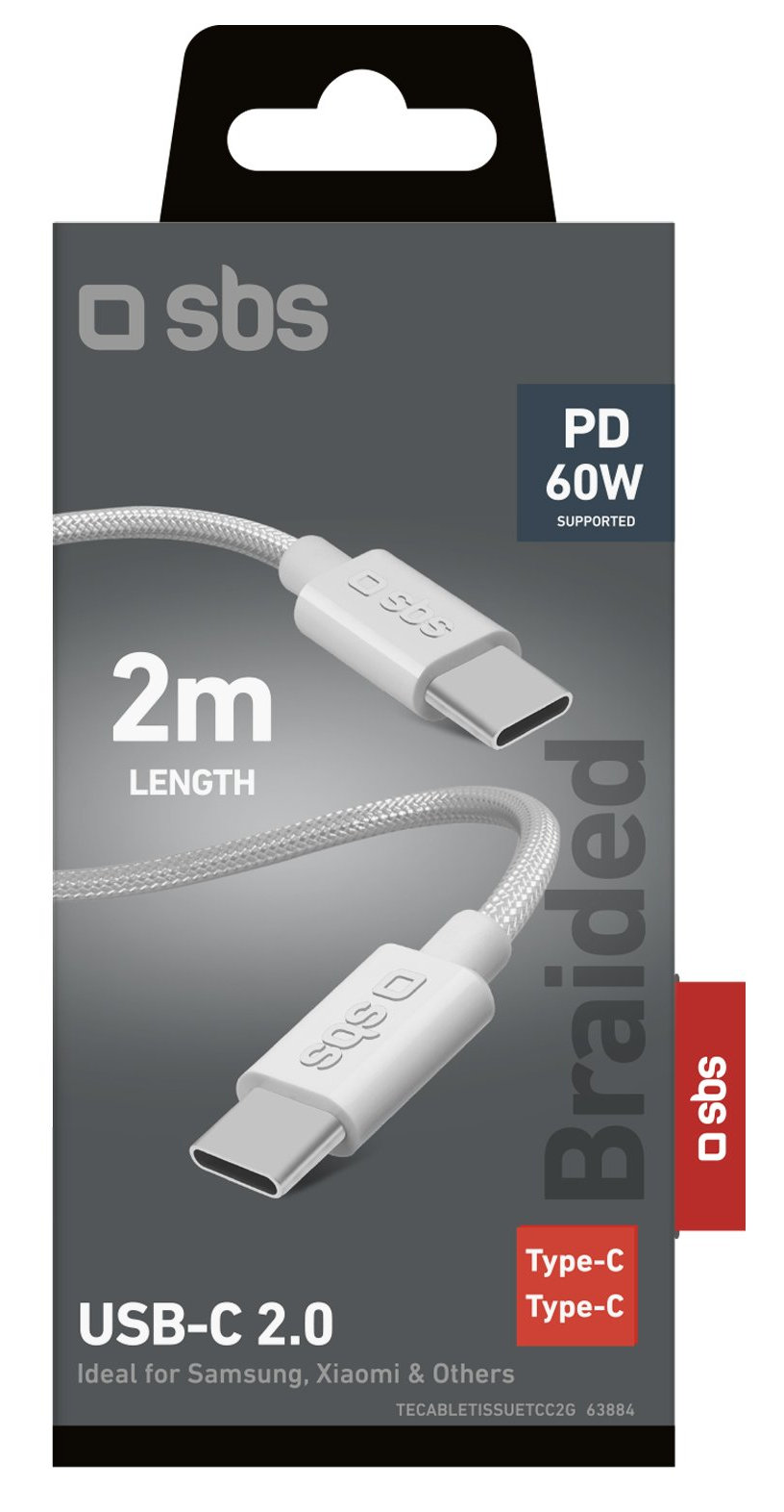 Biały kabel USB-C w pudełku. Ma długość 2m, napis 'Braided' i '60W PD Supported'.