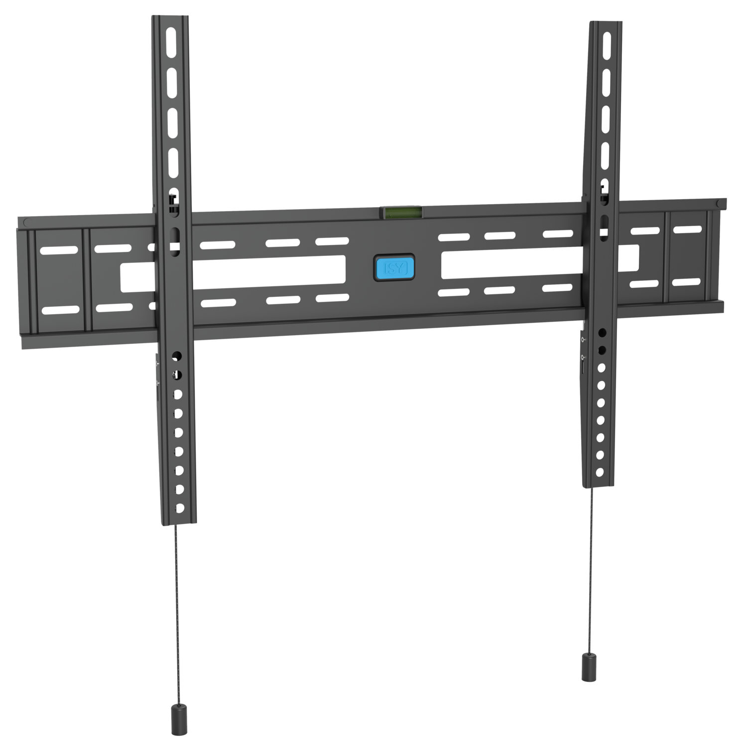 Support mural de télévision noir avec supports et un niveau. Indicateur de niveau bleu.