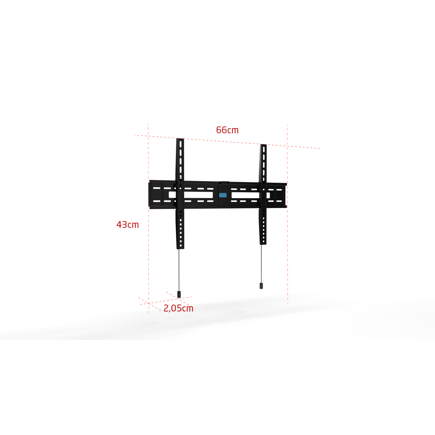 Support mural TV noir avec mesures. Comprend des barres de montage verticales et horizontales avec étiquettes de dimensions.