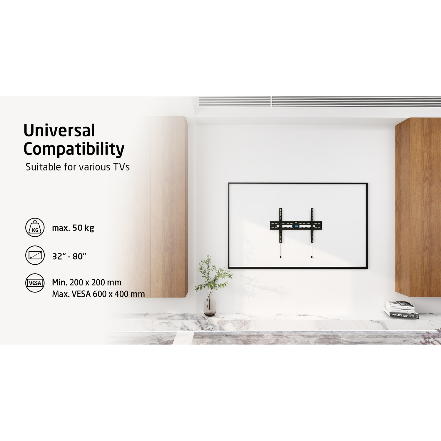 Mur blanc avec support TV et cadre TV avec texte.