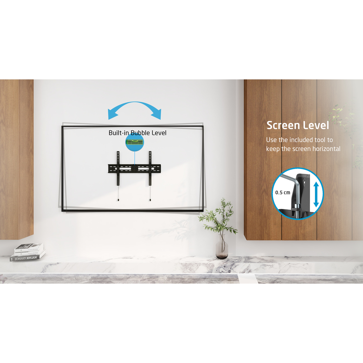 Support mural TV avec niveau à bulle intégré. Instructions et outil présentés.