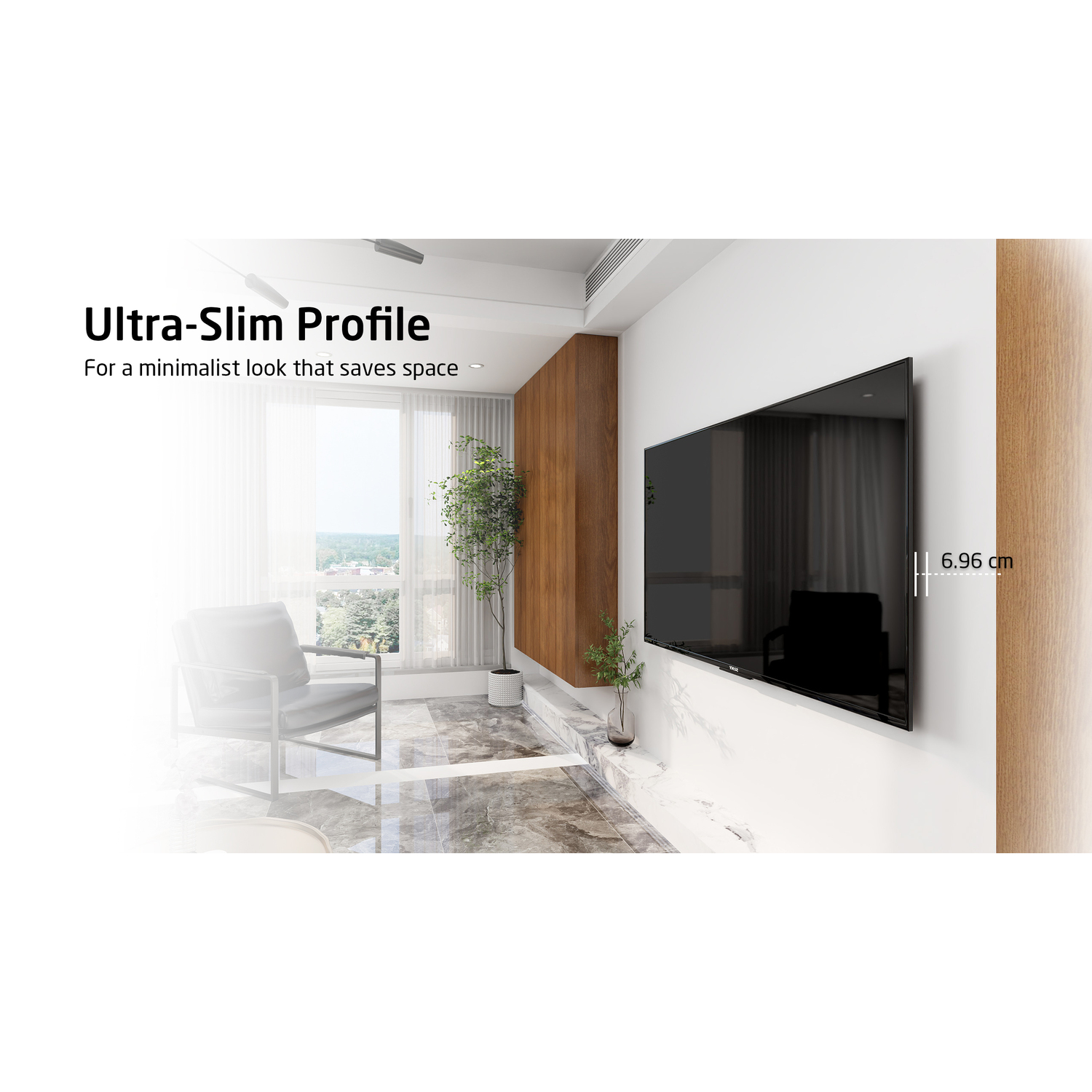 Un salon moderne avec une télévision. La télévision est fixée au mur et le texte à gauche indique Ultra-Slim Profile.
