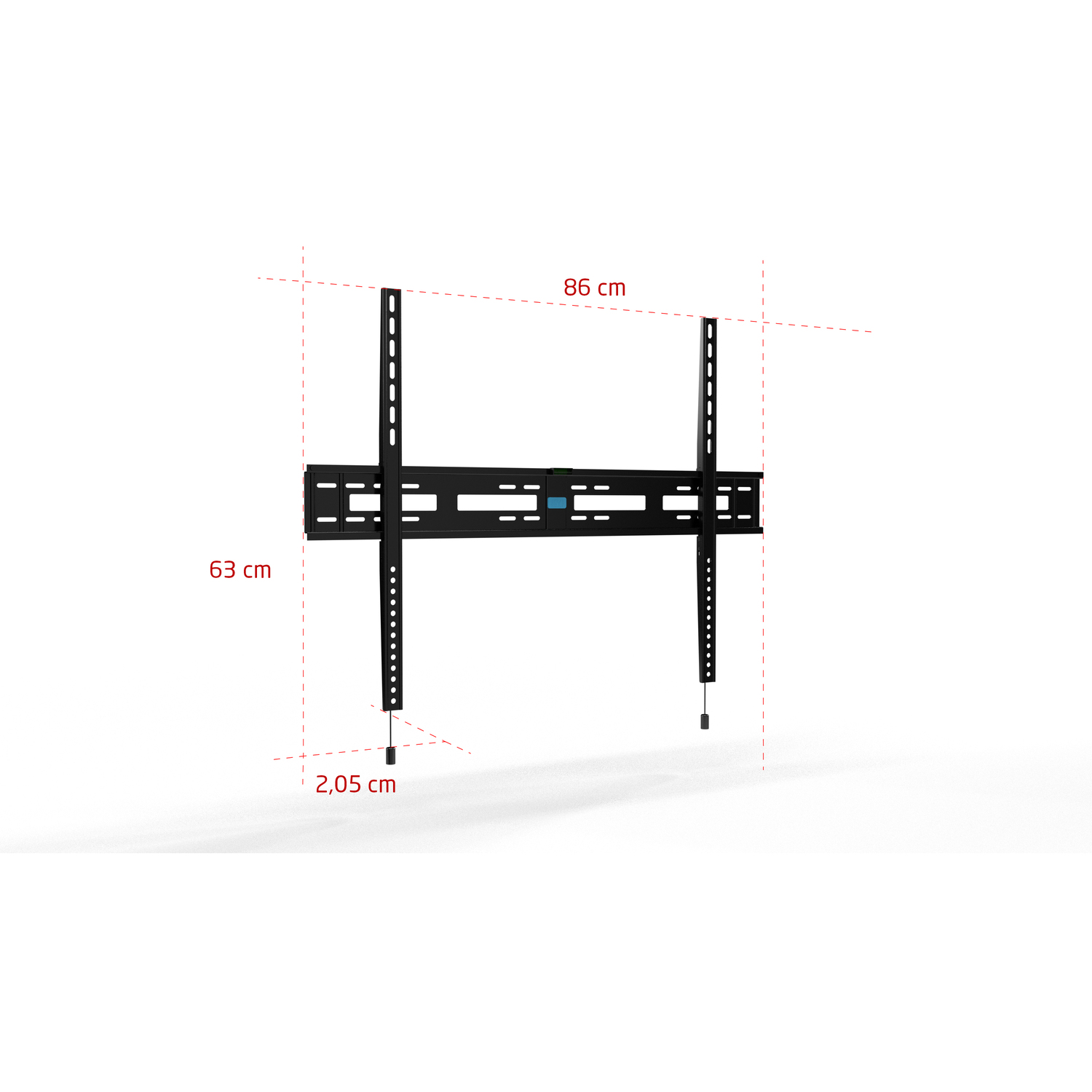 Support mural TV noir avec dimensions : 86 cm de large, 63 cm de haut et 2,05 cm de profondeur.