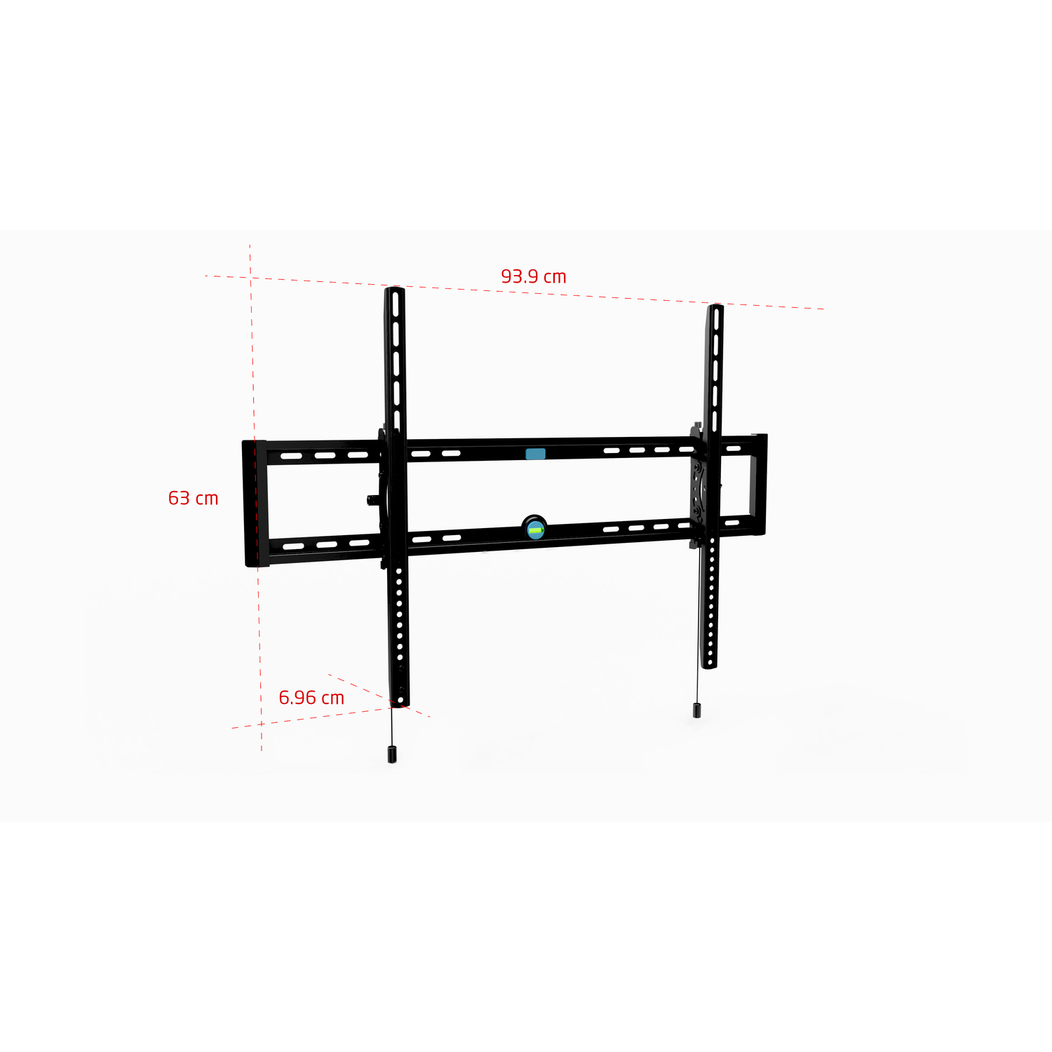 TV wall mount. Black metal, with dimensions marked: 63cm, 93.9cm, and 6.96cm. On white.
