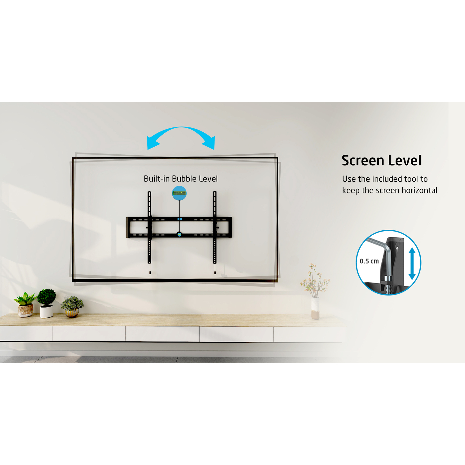 A TV mounted on a wall with a bracket, a level tool is shown.
