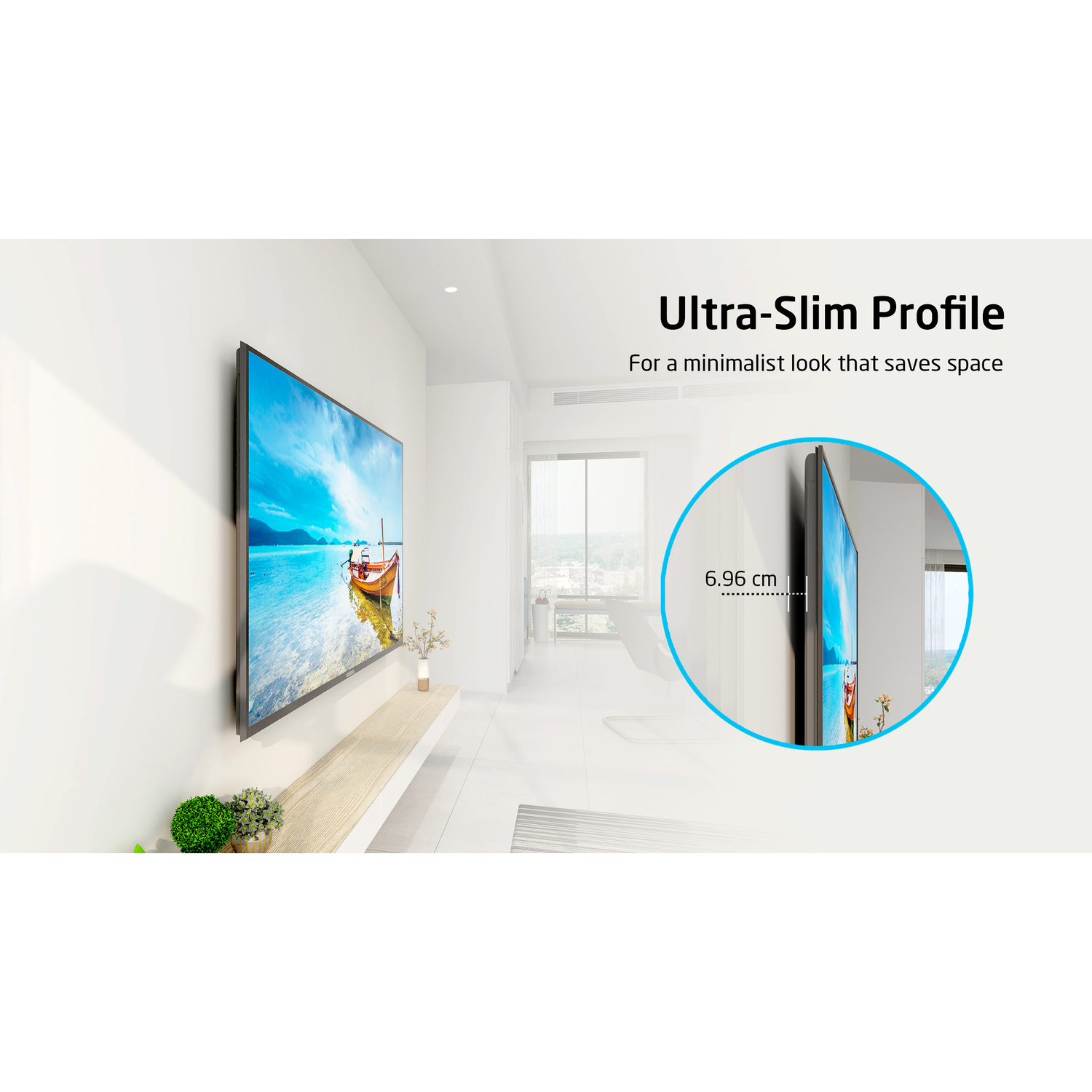 A TV mounted on a white wall, showing an ultra-slim profile, with a boat scene on the screen.