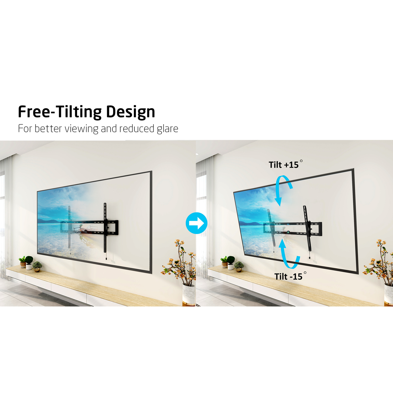 TVs mounted on a wall. The TVs are on a stand. The second image shows the TV tilted.