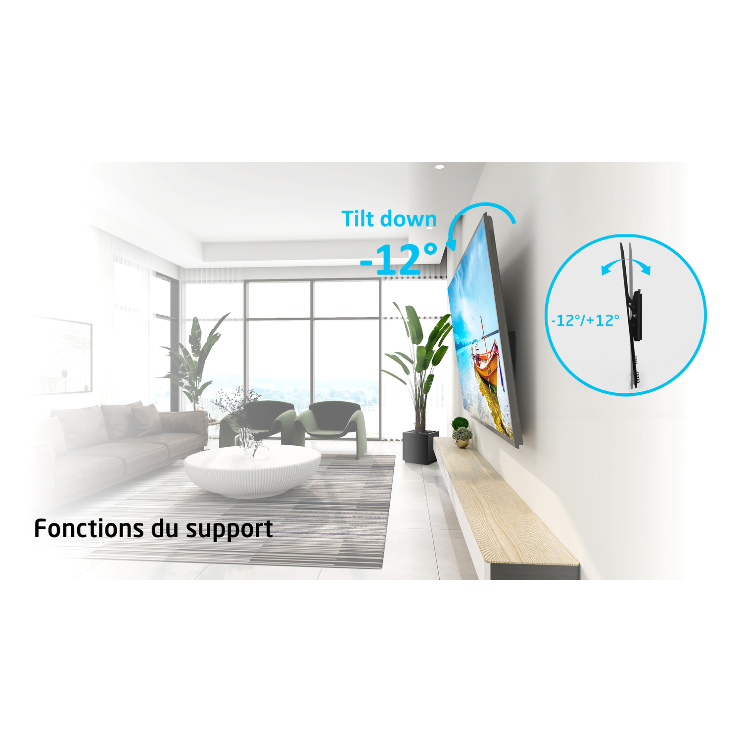 Living room scene with a TV mounted on the wall. Text indicates tilt down angle of -12 degrees.