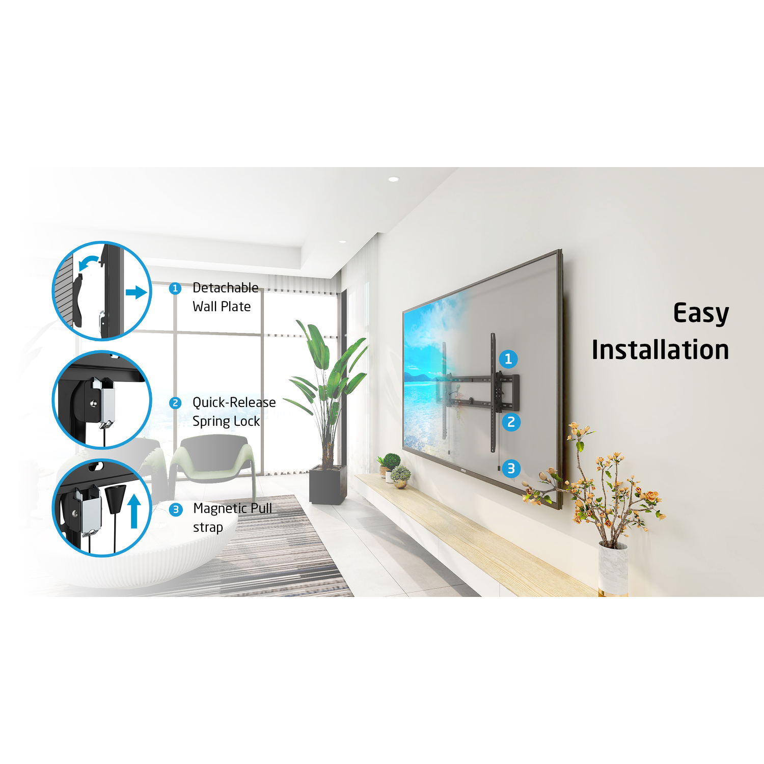 TV installation diagram. Shows detachable wall plate, quick-release spring lock, and magnetic pull strap.