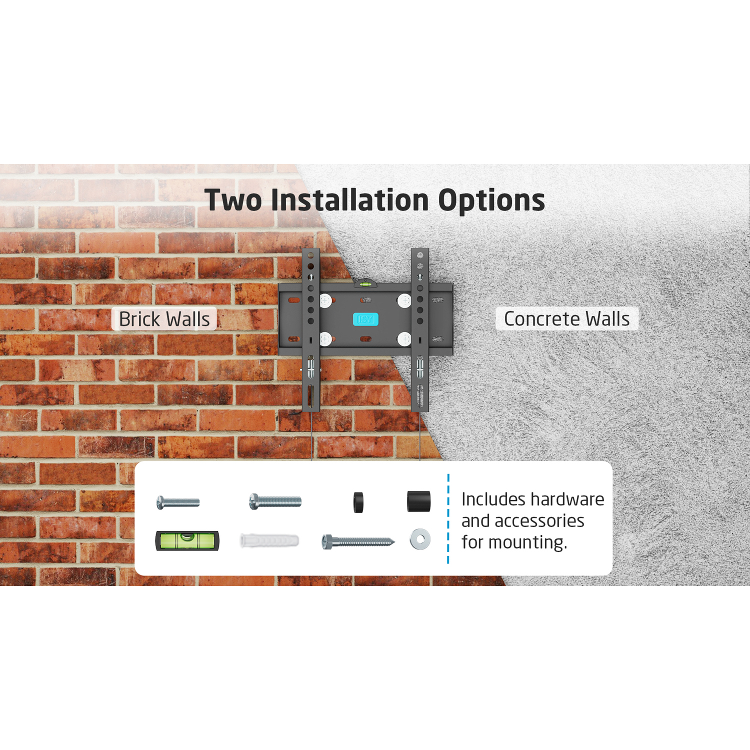 Mounting hardware with text indicating two installation options: brick and concrete walls.