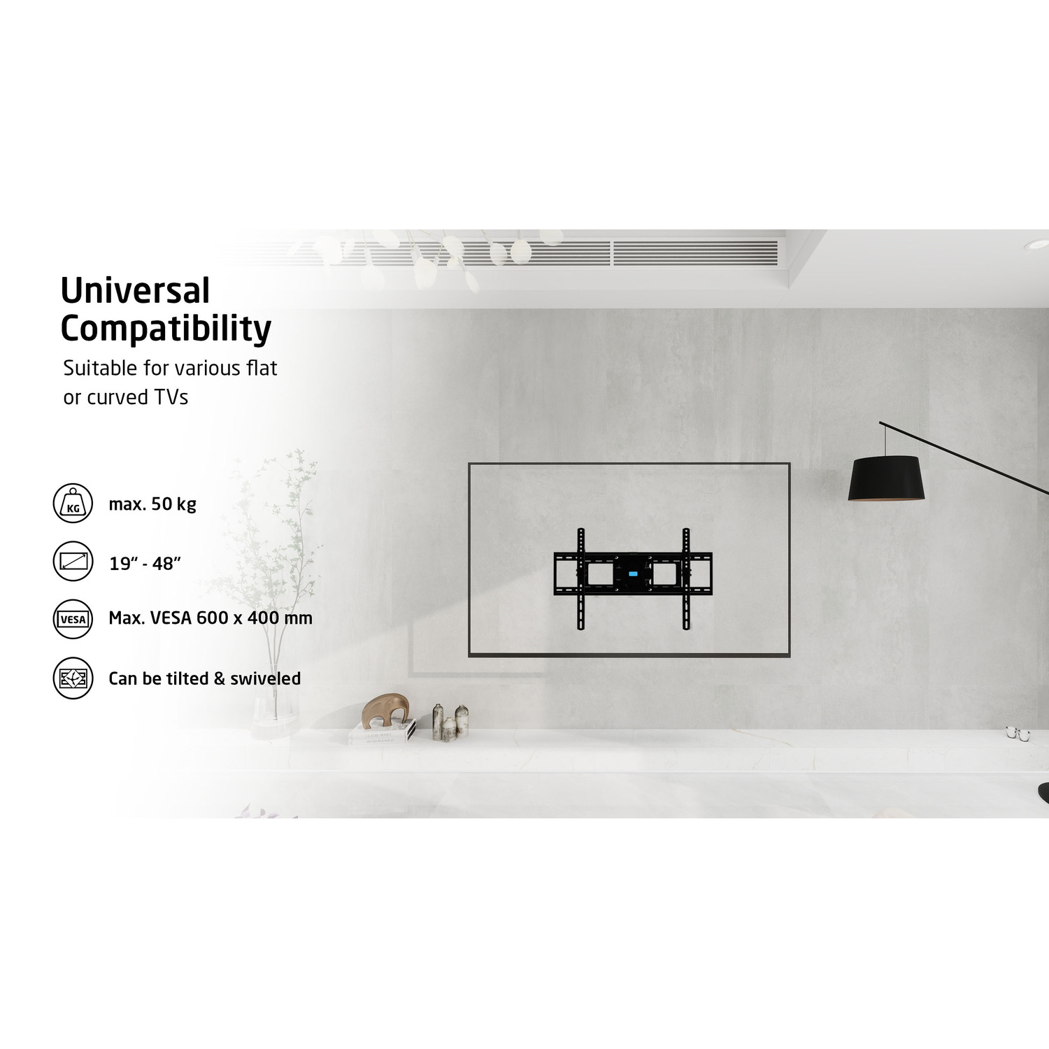 TV monté sur un mur avec un support et du texte indiquant la compatibilité universelle.