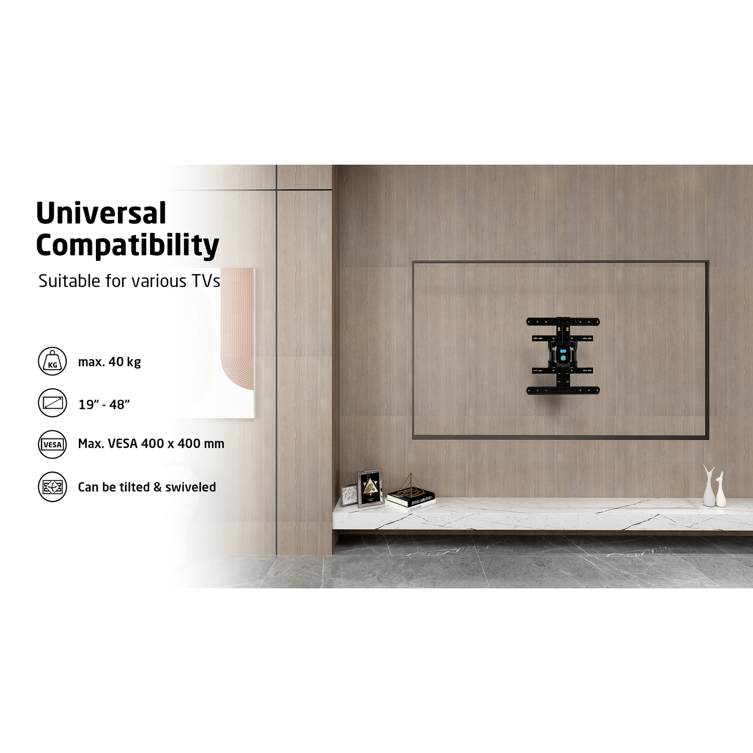 TV aan de muur met een TV-beugel. Tekst over universele compatibiliteit wordt getoond.