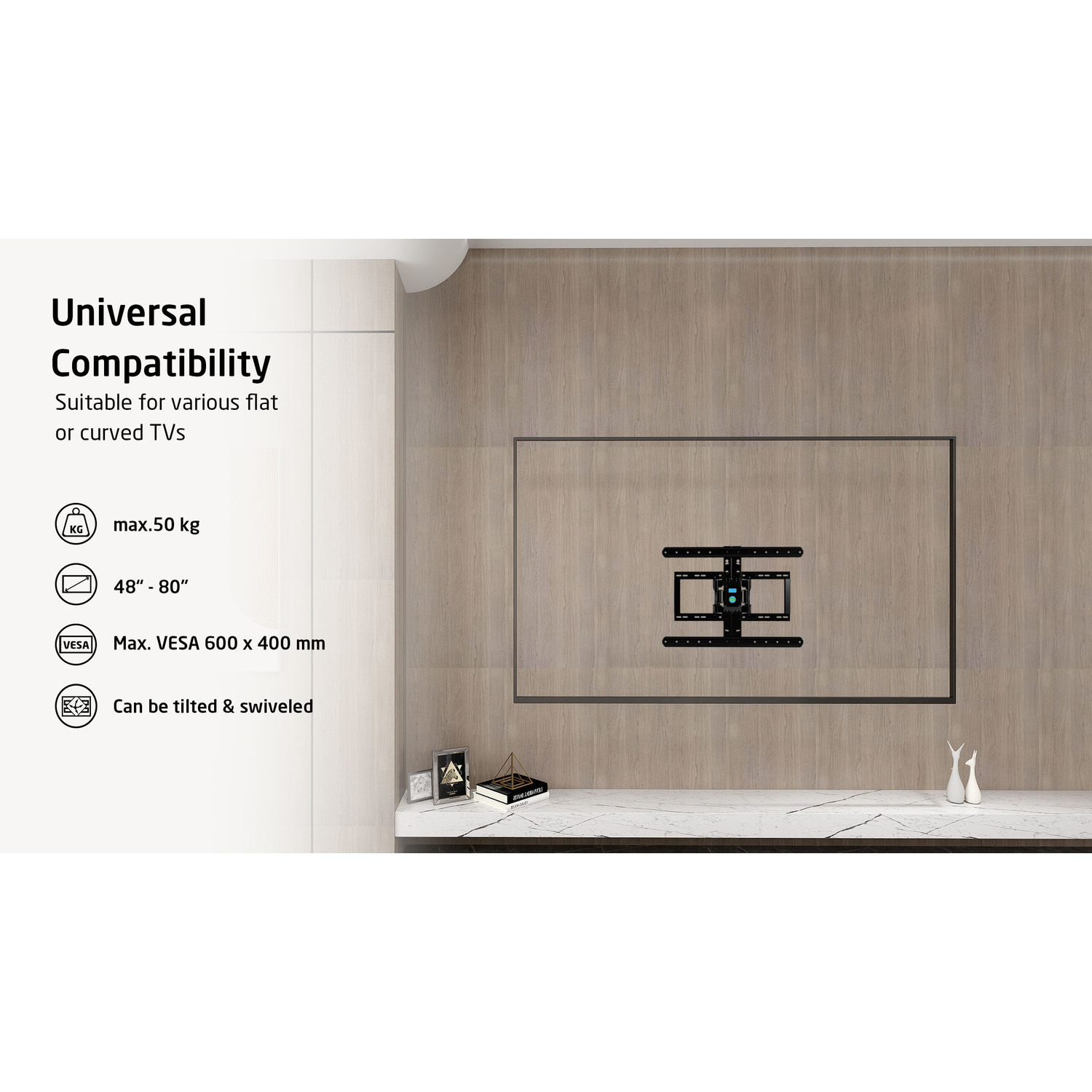 A TV mounted on a wall, a bracket, and text about universal compatibility.