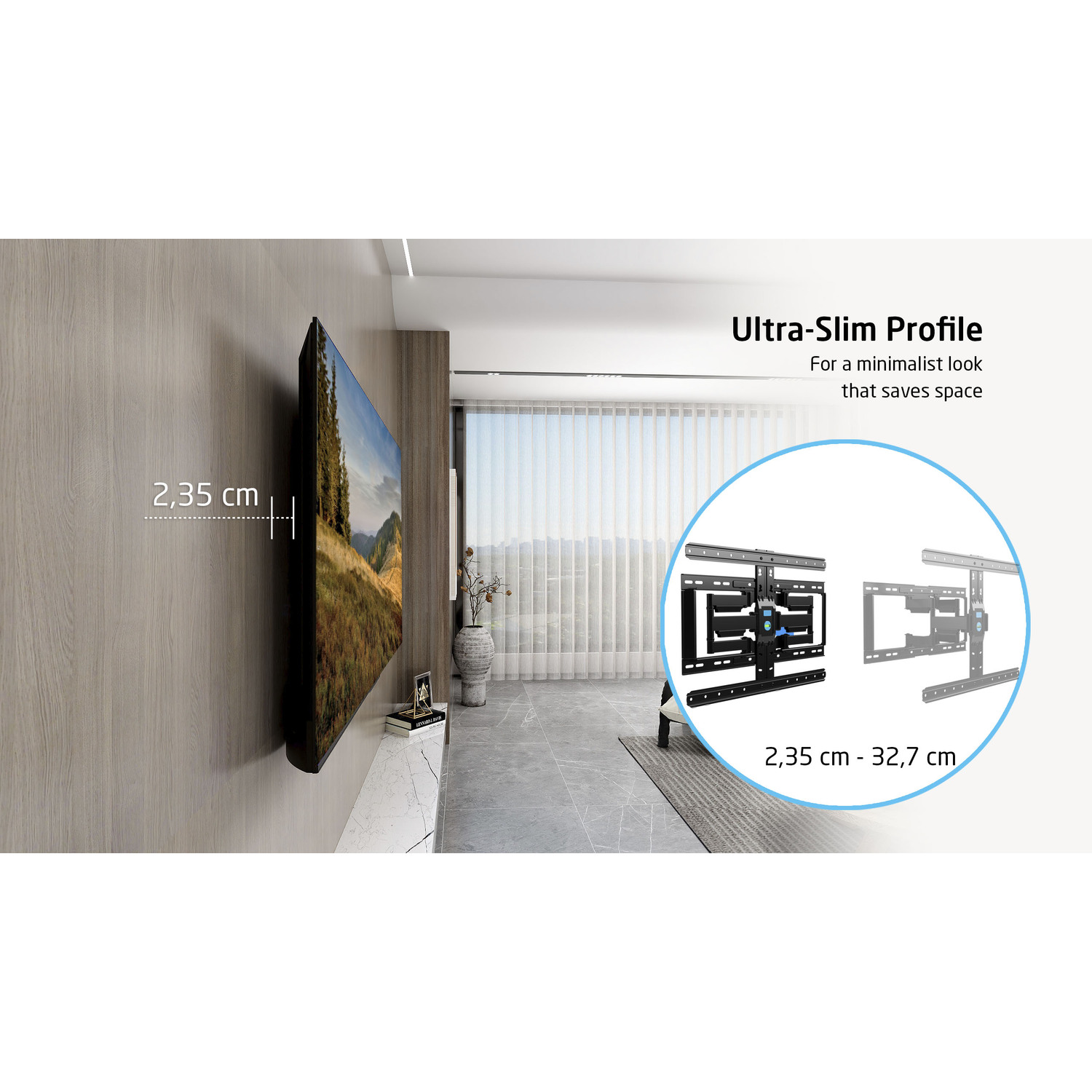 A TV is mounted on the wall. Text: Ultra-Slim Profile. The TV is 2.35 cm from the wall.