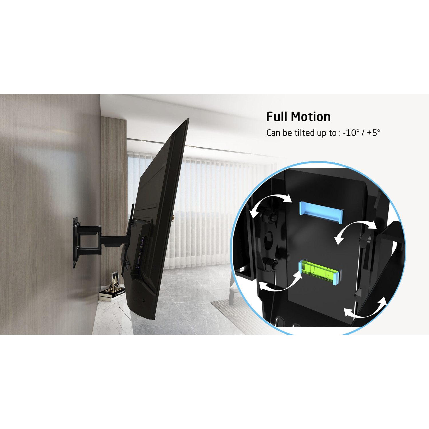 TV mounted on a wall with a bracket, and a close-up of the tilt adjustment.
