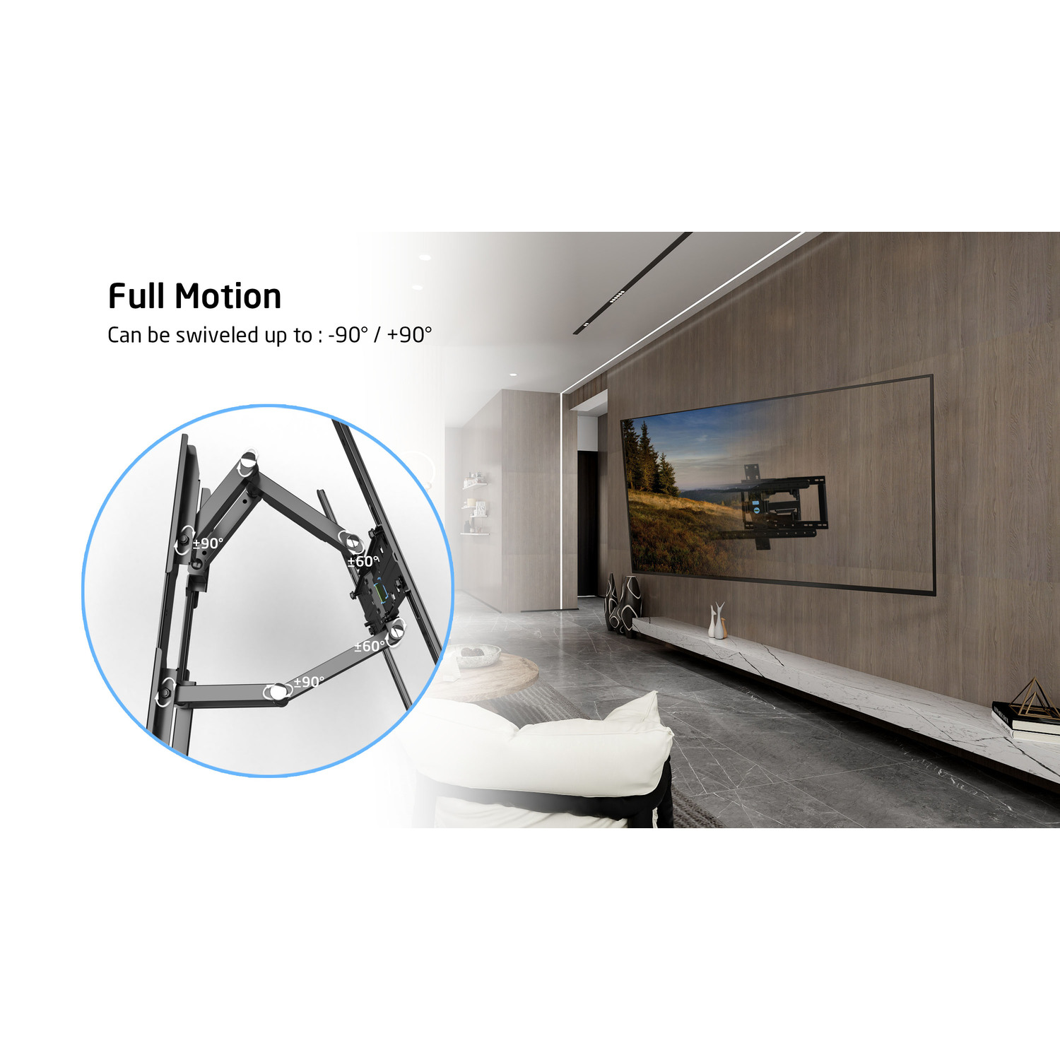 A TV mount and TV, showing swivel capabilities.