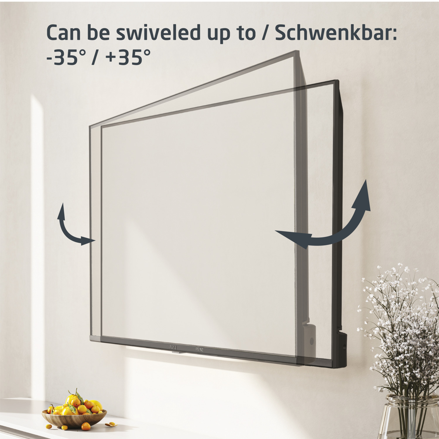 A mounted TV showing how it can be swiveled up to 35 degrees. Arrows indicate the motion.