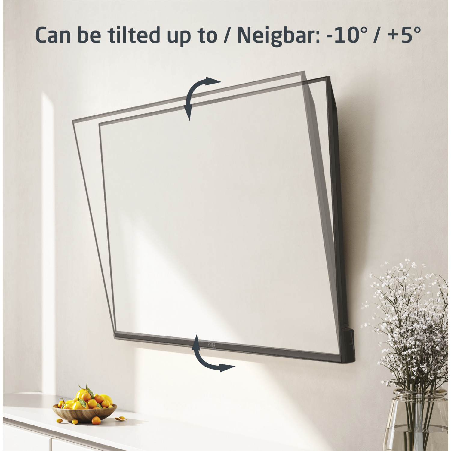 TV screen mounted on a wall, showing the tilt angle options with a white vase of flowers.