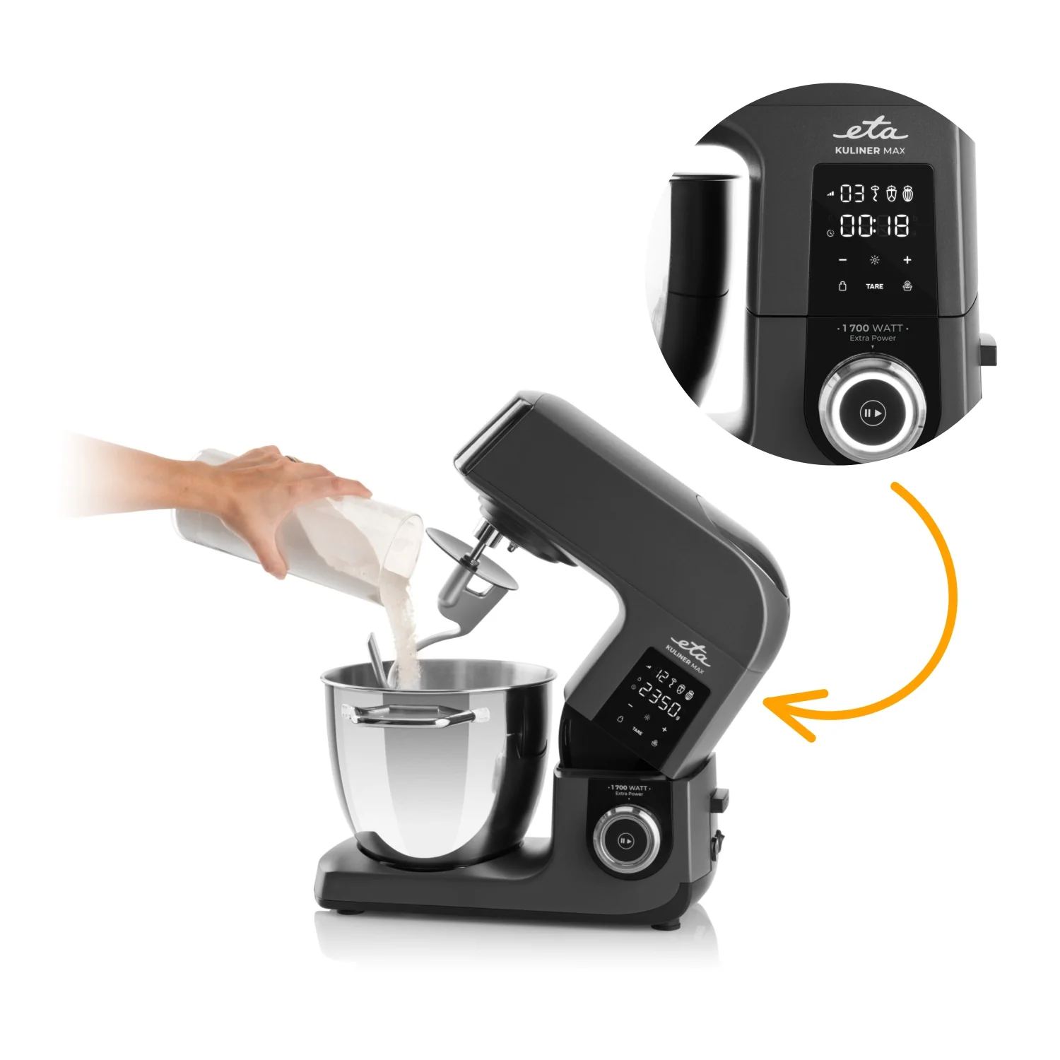 Fekete konyhai mixer, öntő kézzel és közeli kijelzővel.