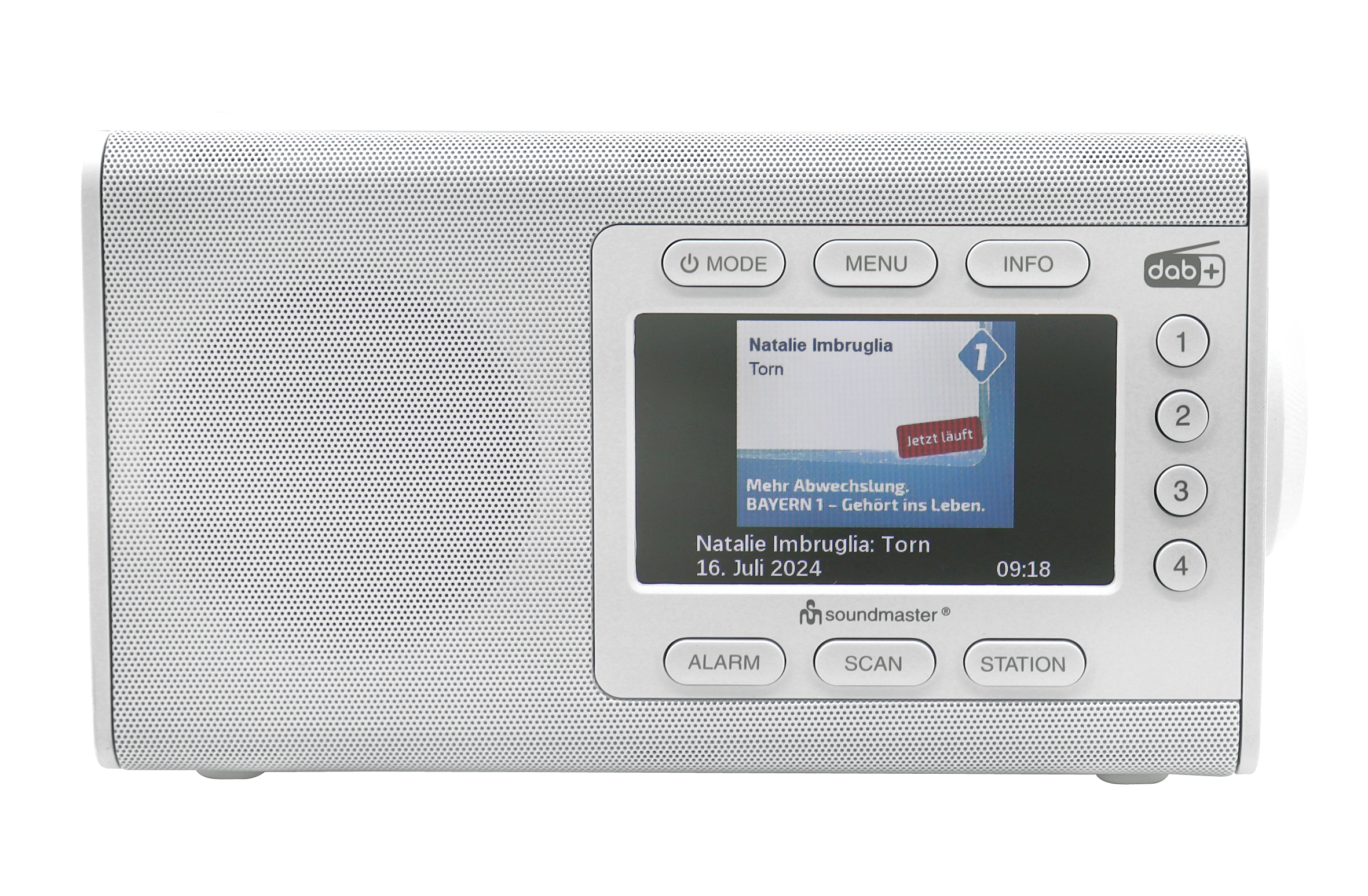 Ein weißes Radio mit Bildschirm zeigt Radioinformationen an. Tasten für Modus, Menü, Info, Sender sind sichtbar.