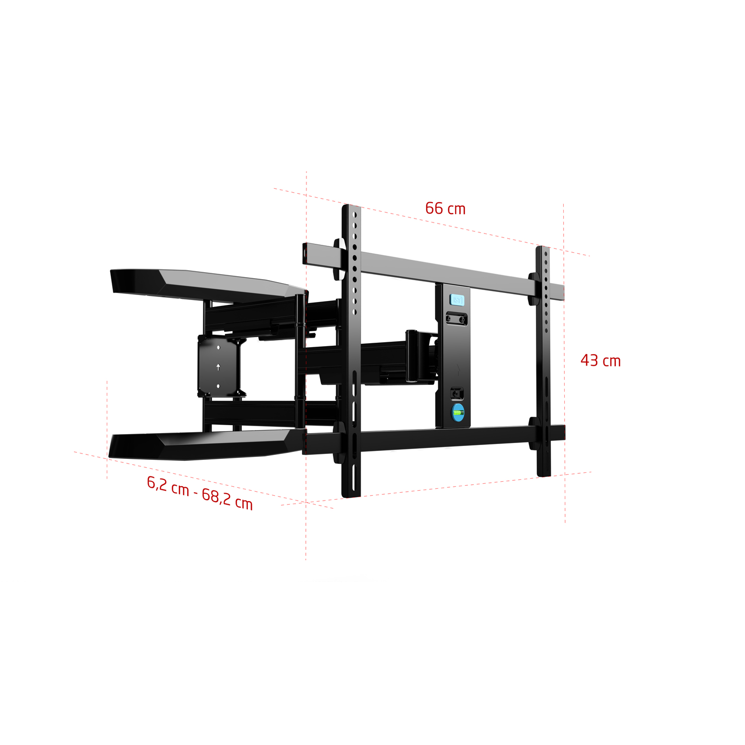 Black TV wall mount with dimensions 66cm wide, 43cm high, and adjustable arm 6.2-68.2cm.
