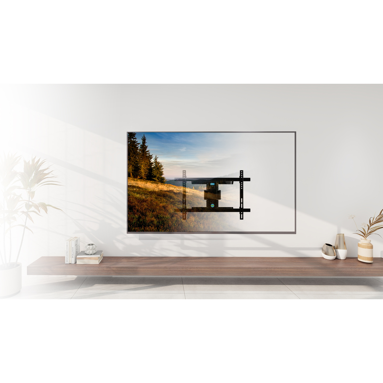 Living room with TV mounted on wall above a wooden shelf. The wall is white, and there is a plant.