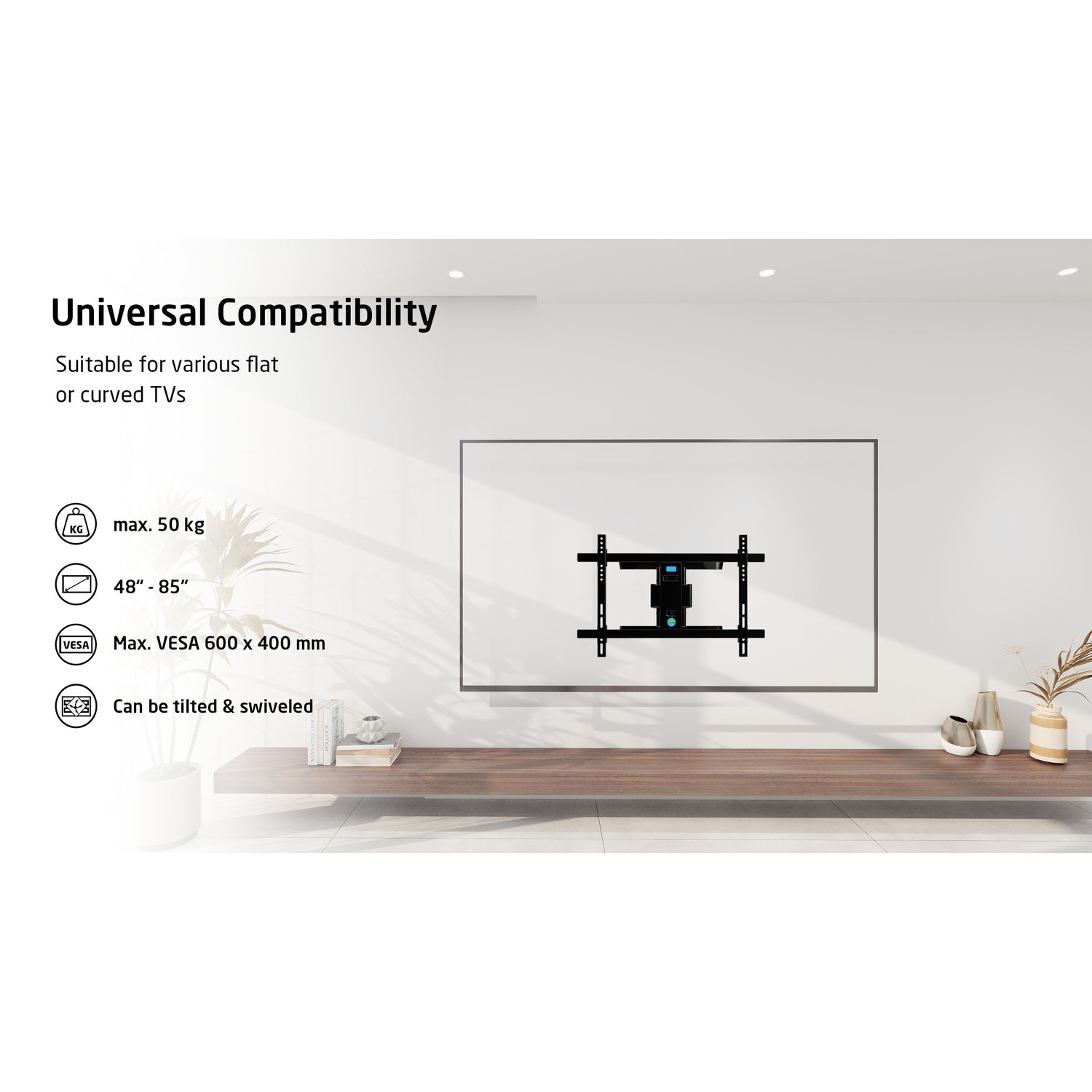 TV mount, universal compatibility. Shows weight capacity, screen size range, and VESA specifications.