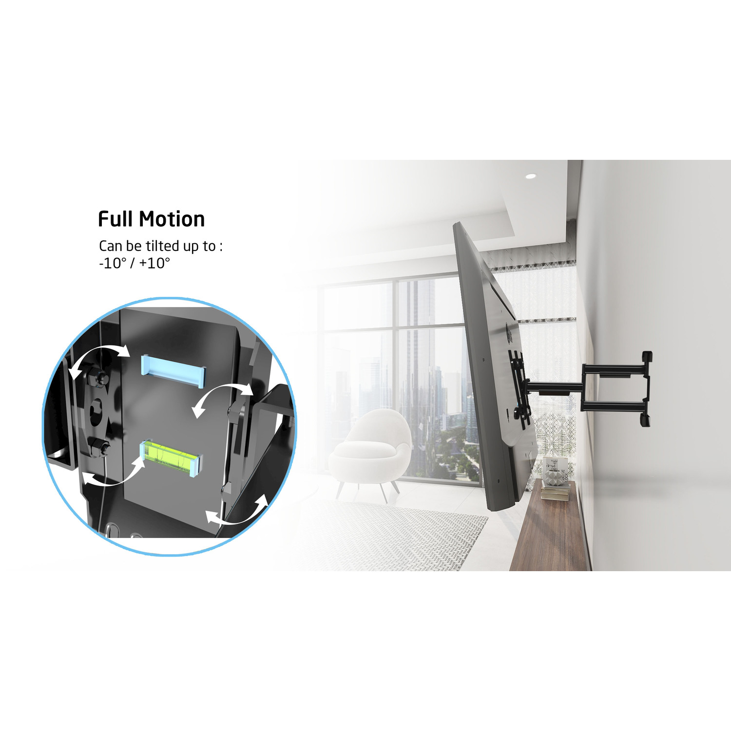 A TV mounted on a wall with a full motion bracket.