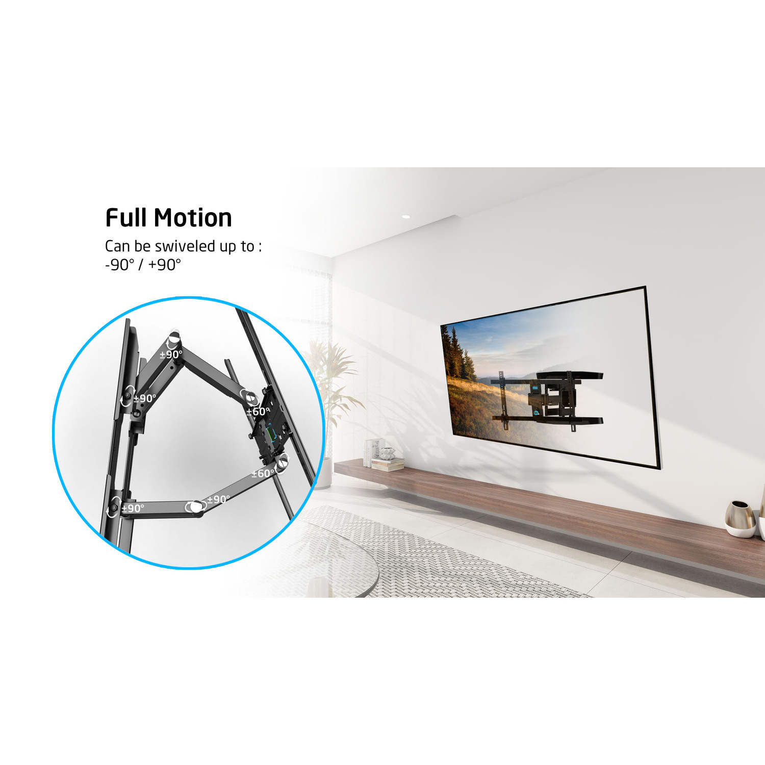 TV mount with swivel angles shown, mounted on a white wall, with a dark wooden shelf below.