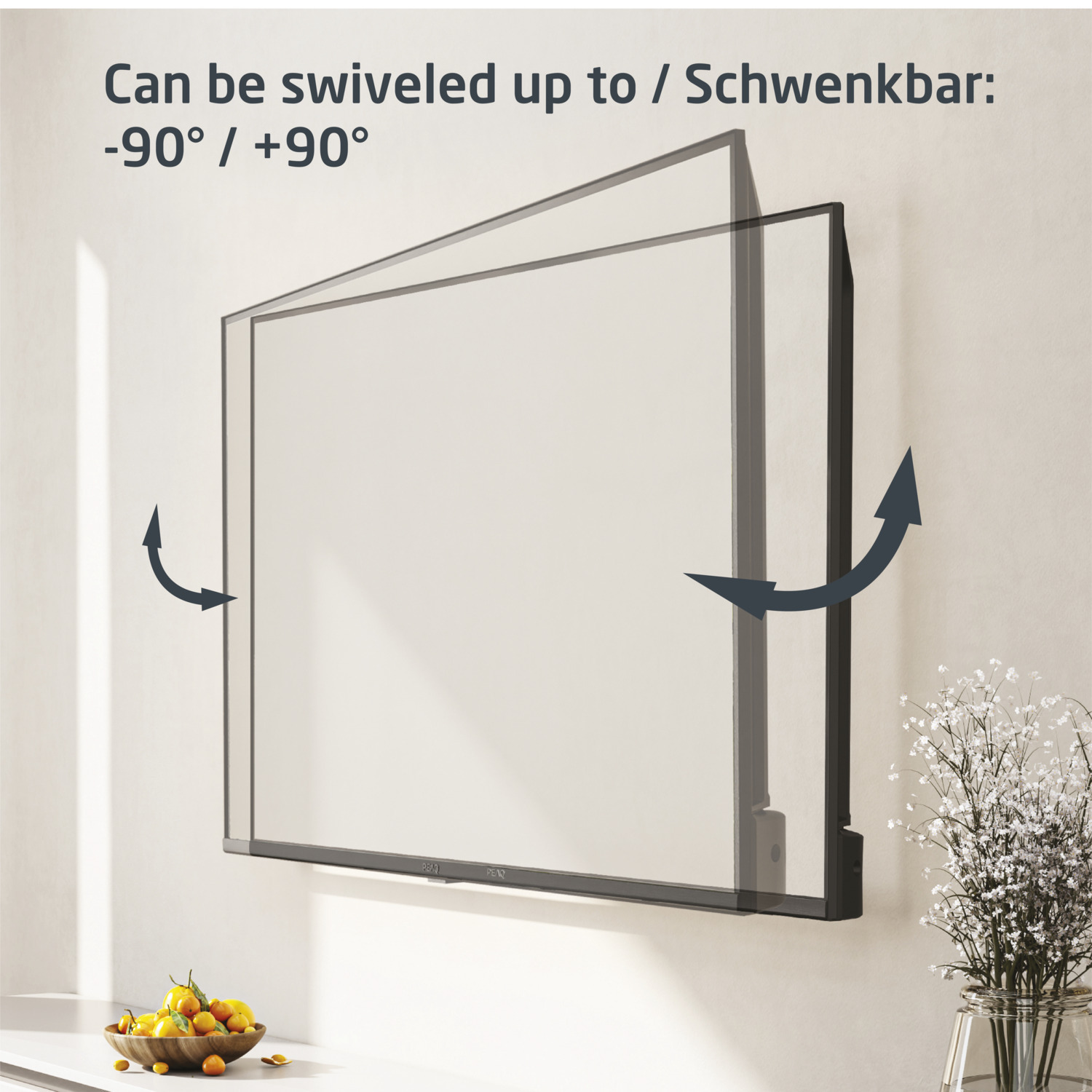 A monitor on a wall. Arrows show the screen's swivel range: -90° to +90°.