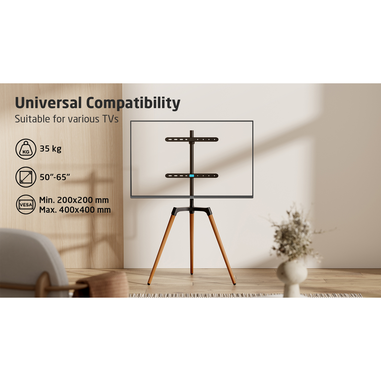 TV-standaard met houten poten, met een zwart scherm. Tekst over compatibiliteit en gewichtsdetails.