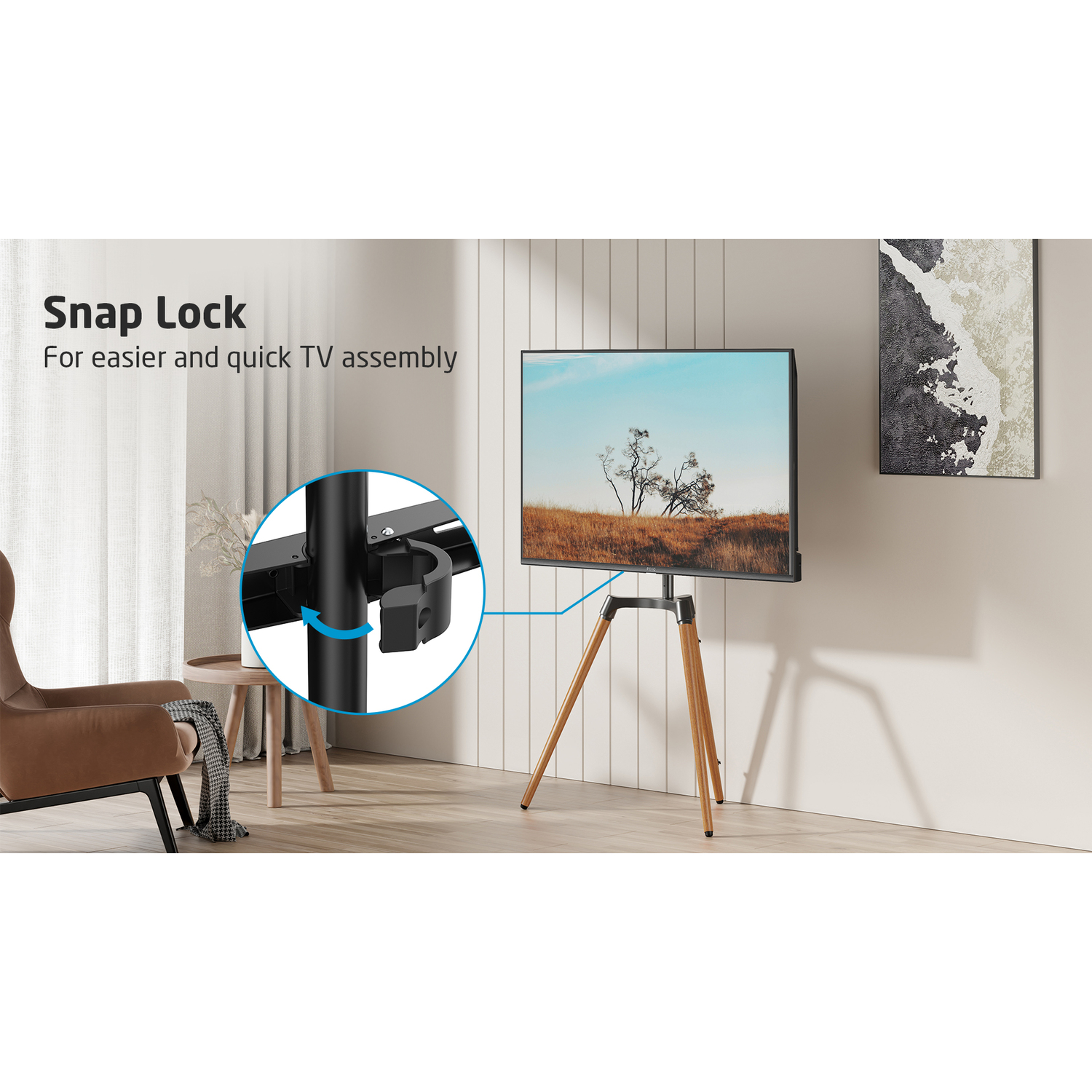 Tv op een houten statief, close-up van het Snap Lock-mechanisme.