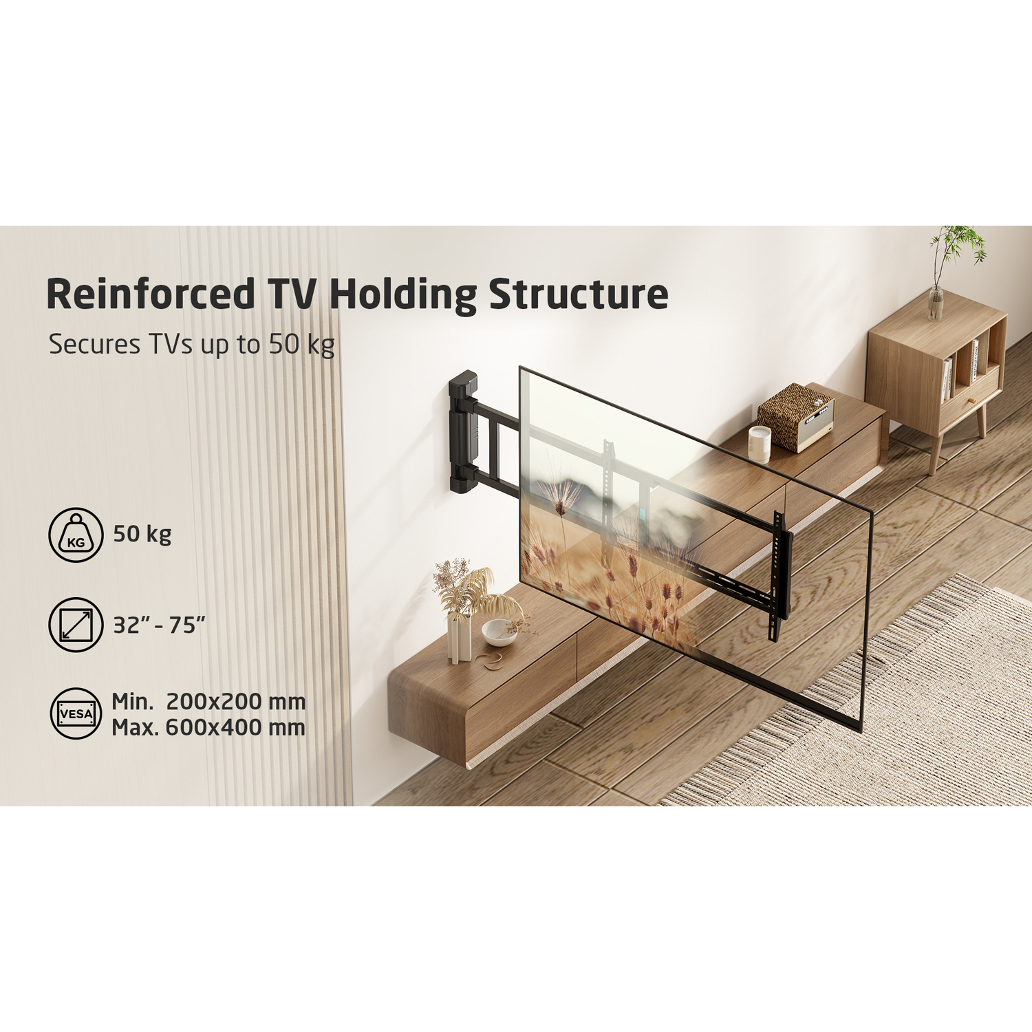 TV sur un support mural avec spécifications. Un meuble est en dessous. Texte : Structure de maintien TV renforcée.