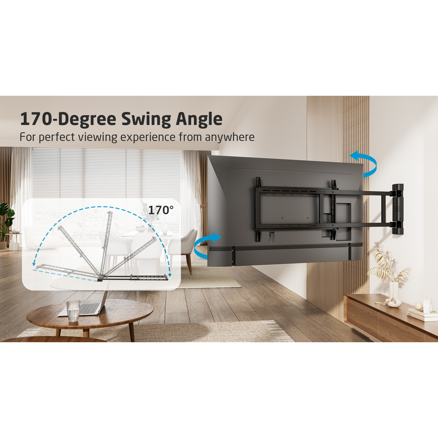 TV monté au mur, avec un angle de pivotement de 170 degrés. Texte : Angle de pivotement à 170 degrés.