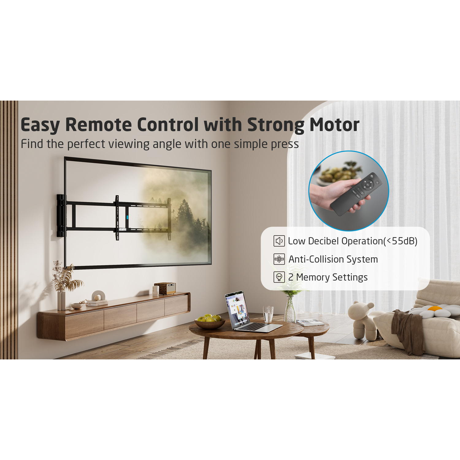 Une télévision fixée au mur avec une étagère en dessous. Une télécommande est dans la main.
