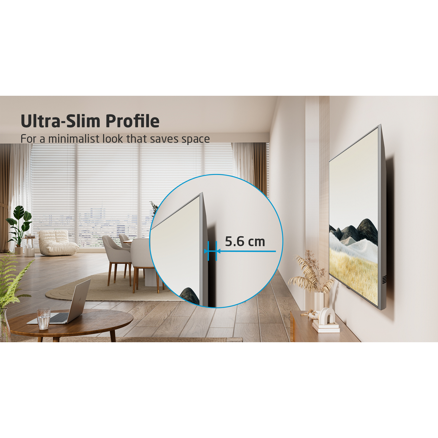 TV mural avec profil fin. Diagramme montre 5,6 cm d'épaisseur. Une pièce est en arrière-plan.