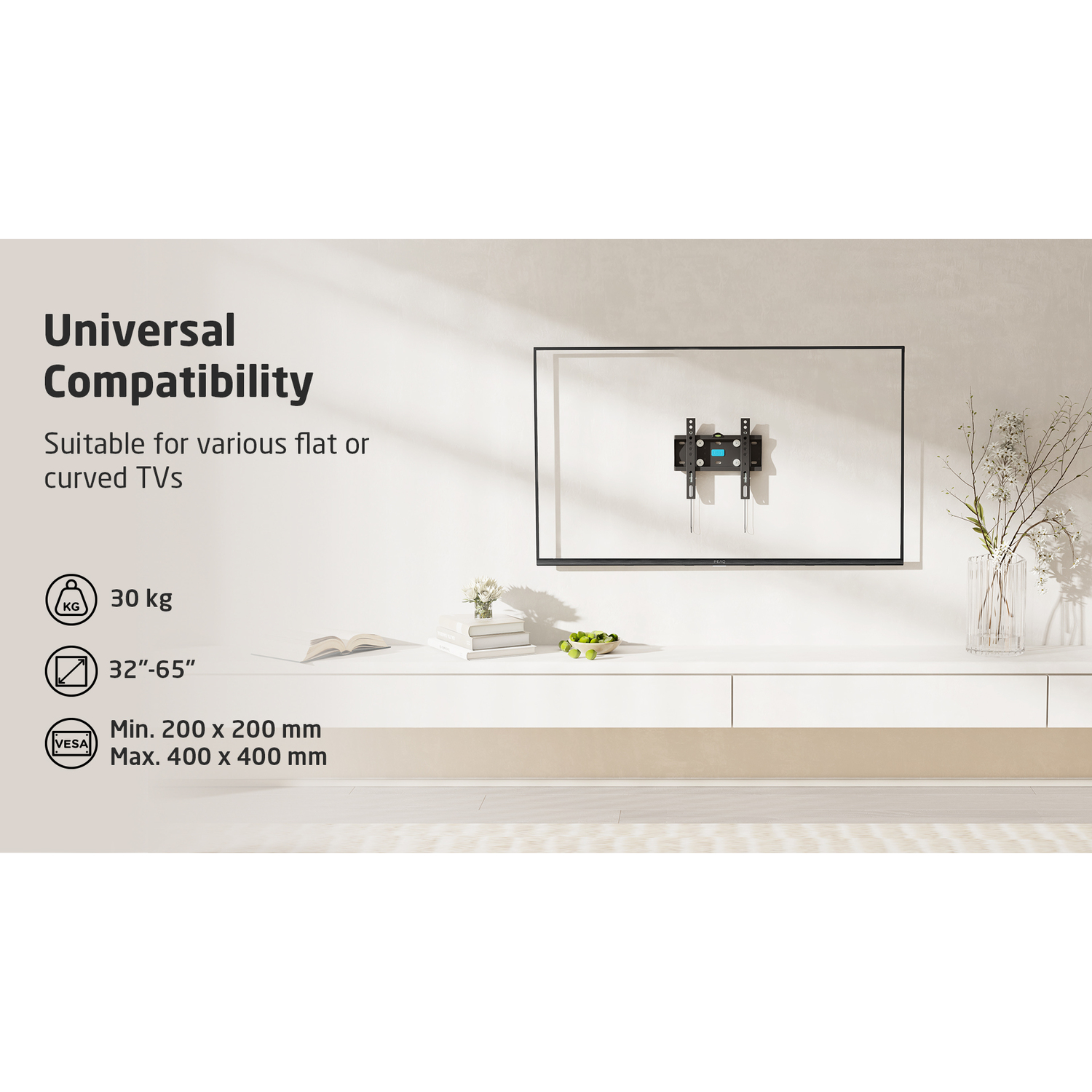 Een tv aan de muur gemonteerd, met universele compatibiliteit.