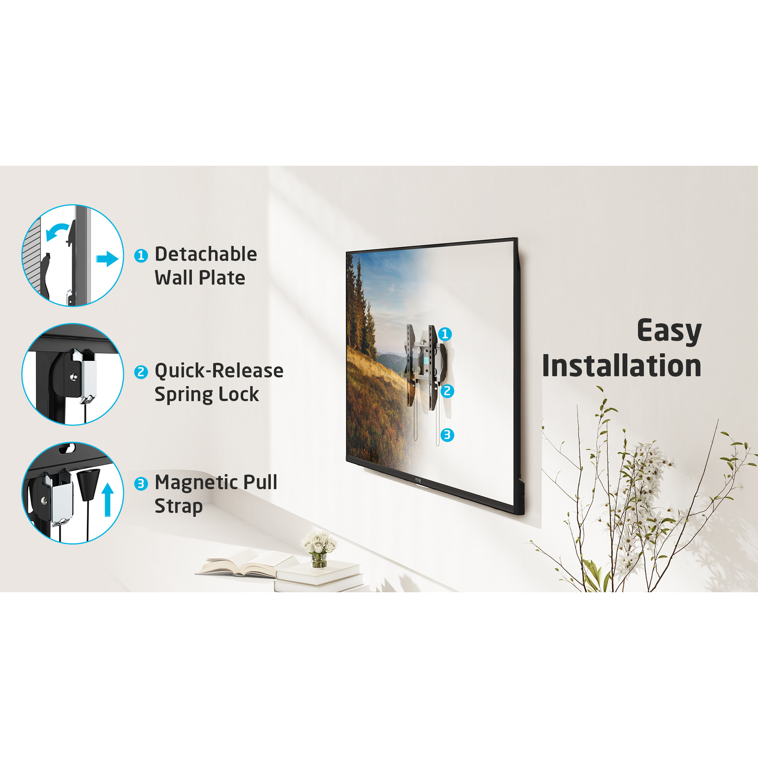 Tv aan een muur met diagrammen die laten zien hoe je hem installeert. Inclusief een afneembare wandplaat.