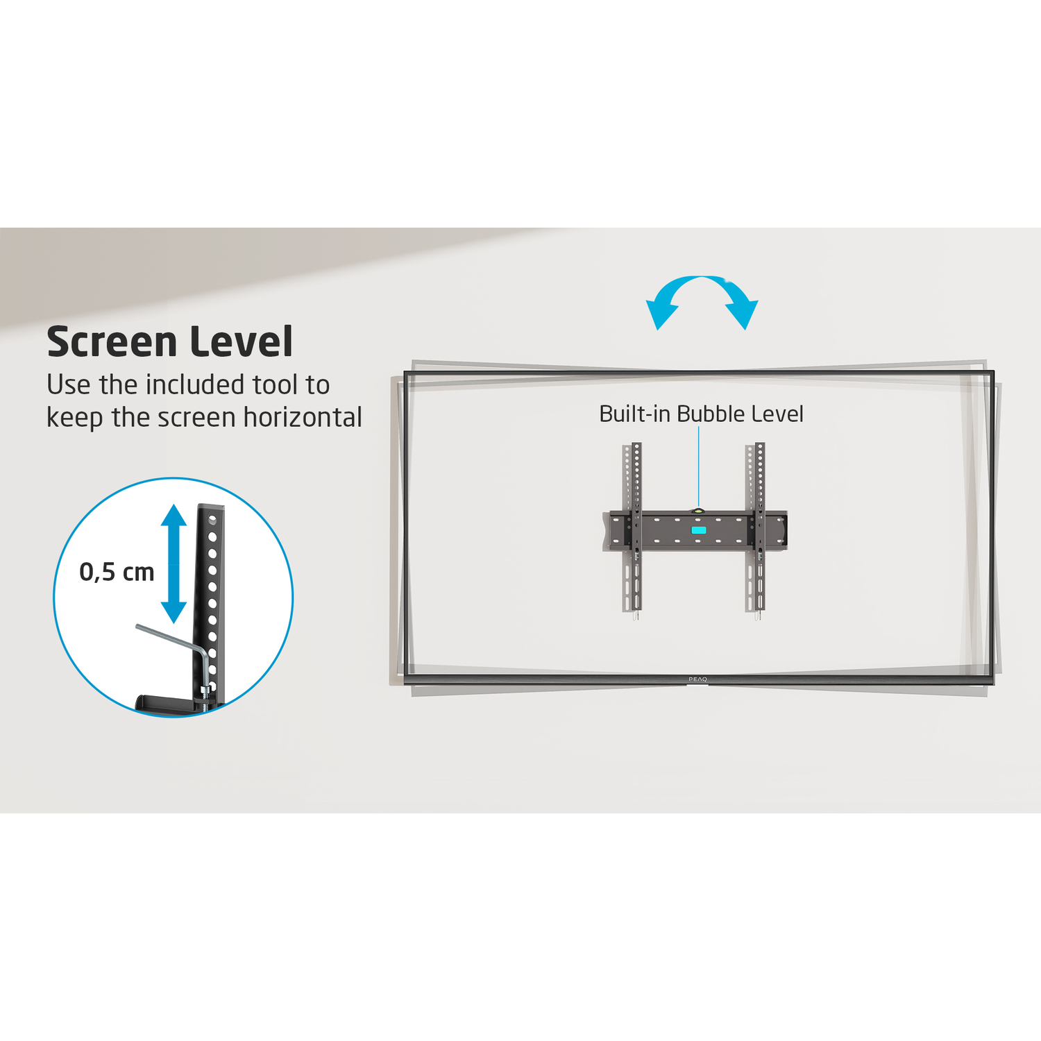Diagram of a TV mount, showing a level tool and a built-in bubble level.