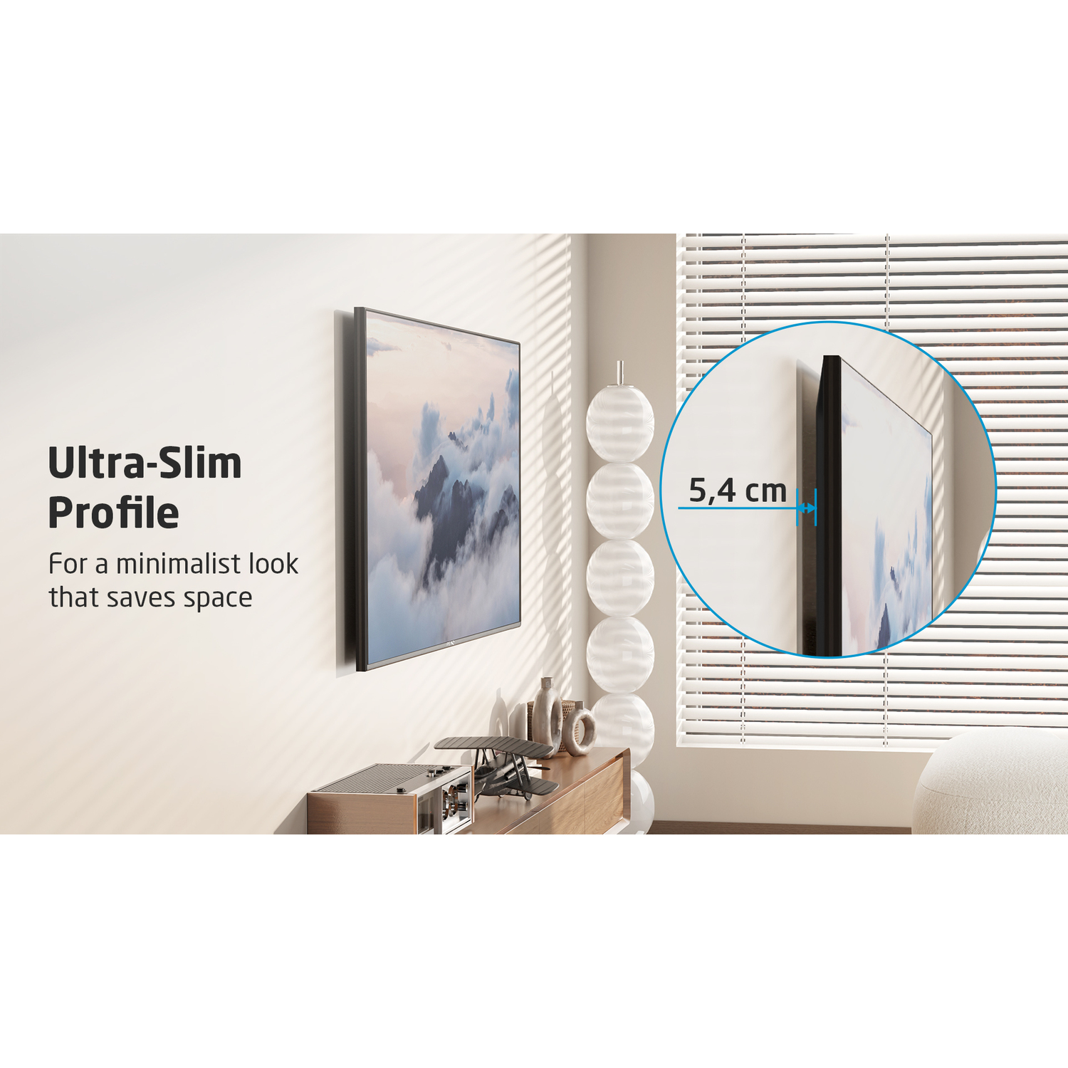 Ultra-slim TV mounted on a white wall, showing its profile. A window with blinds is on the right.
