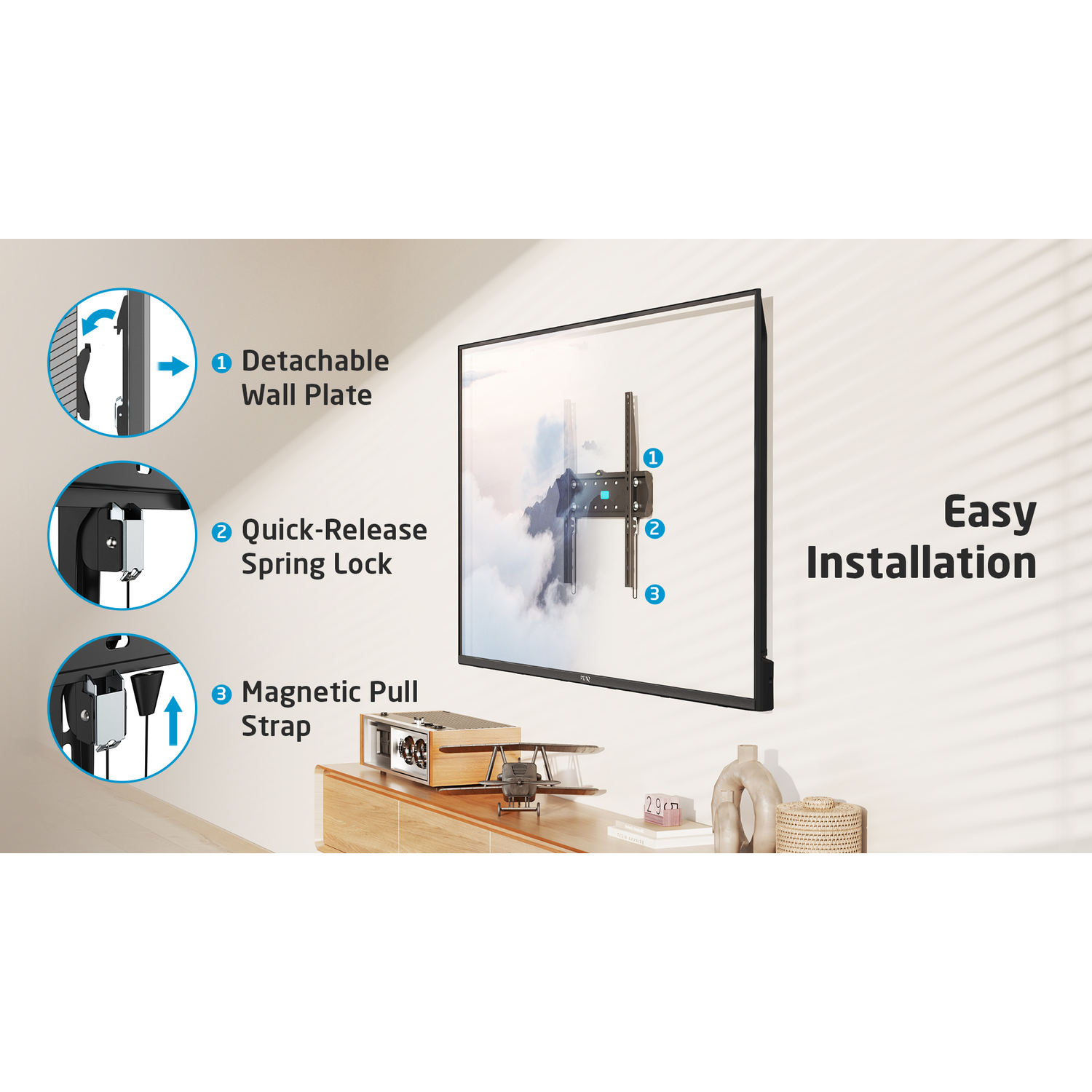 Diagram showing a TV mounted on a wall with a bracket, labeled with details.