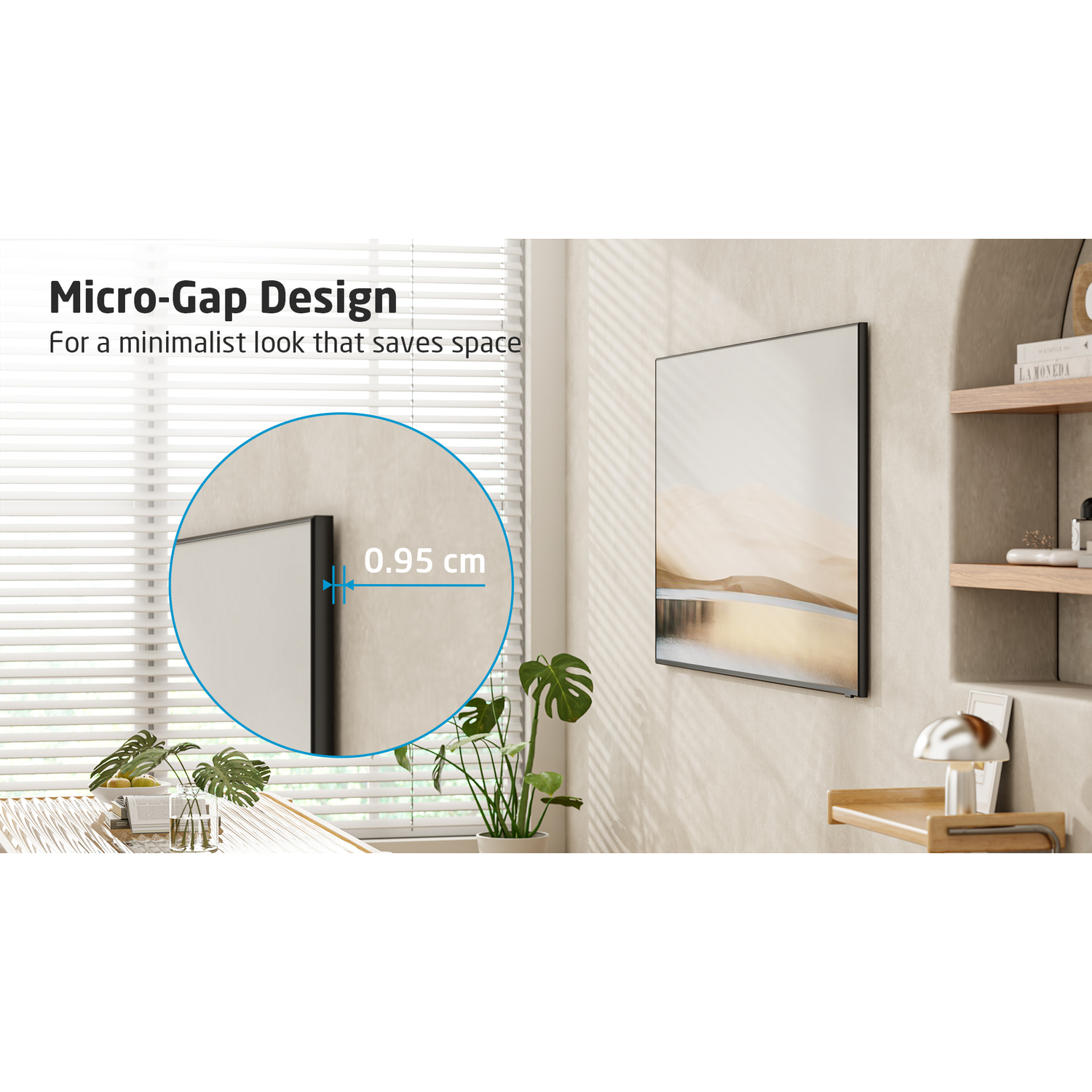 TV monté au mur, avec un espace minimal de 0,95 cm. Texte : Conception Micro-Gap.