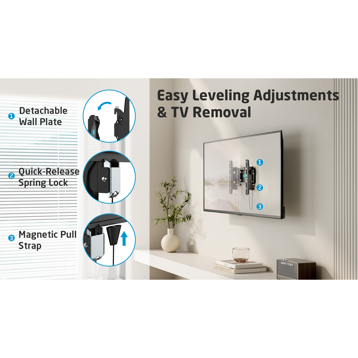 Aan de muur gemonteerde tv en montagesysteem. Instructies voor het losmaken en afstellen van de tv.