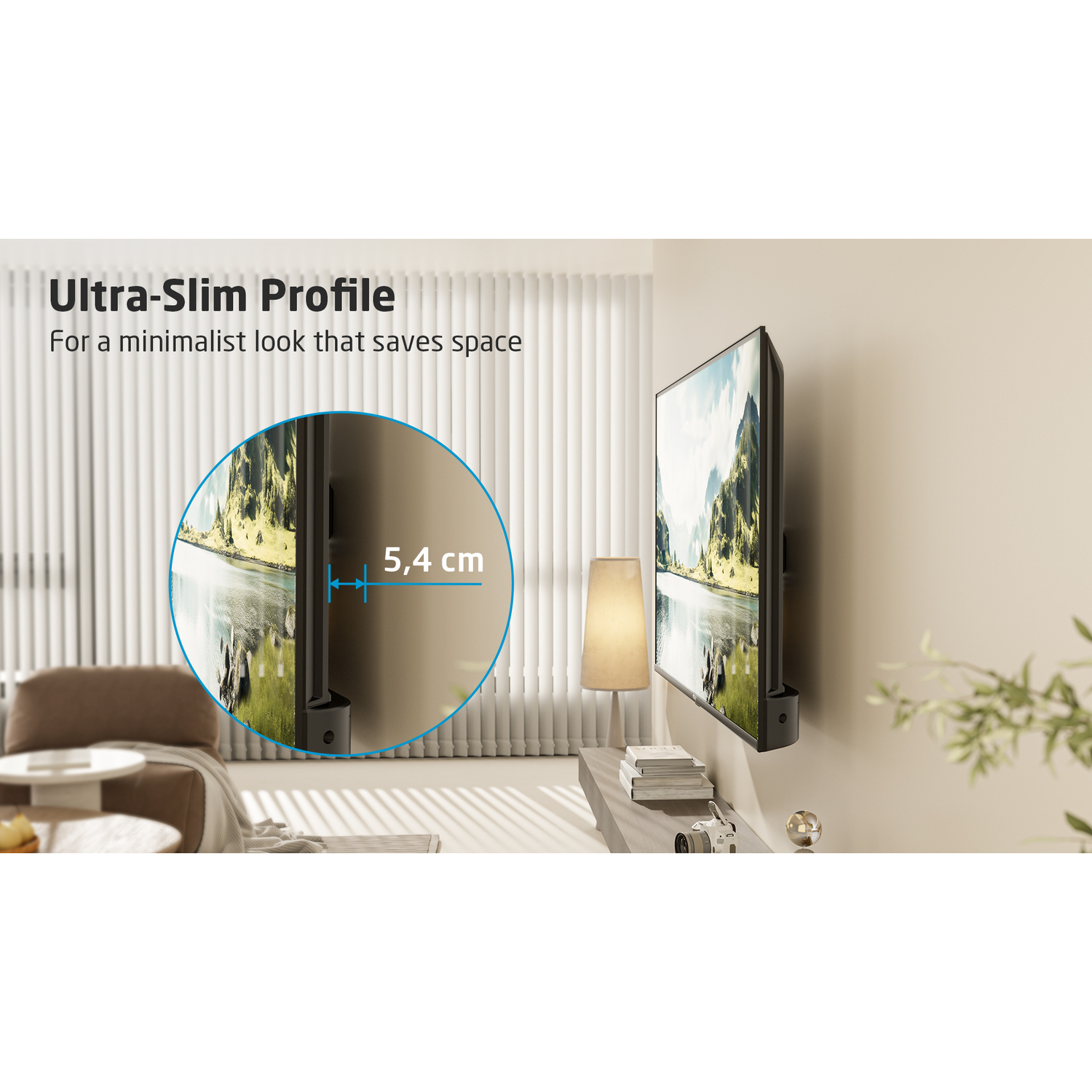 Tv aan muur, tekst 'Ultra-Slim Profile' en cirkelvormige weergave van de dunheid van de tv.