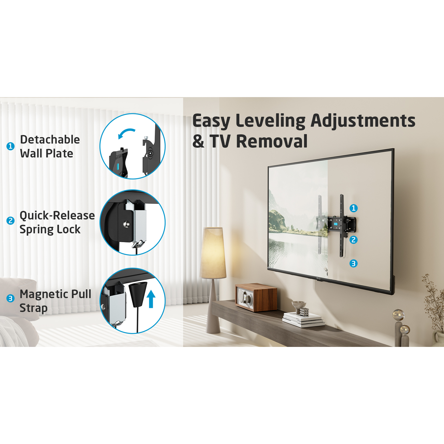 Een tv aan de muur met beugel. Details: afneembare wandplaat, snelsluiting en magnetische trekband.