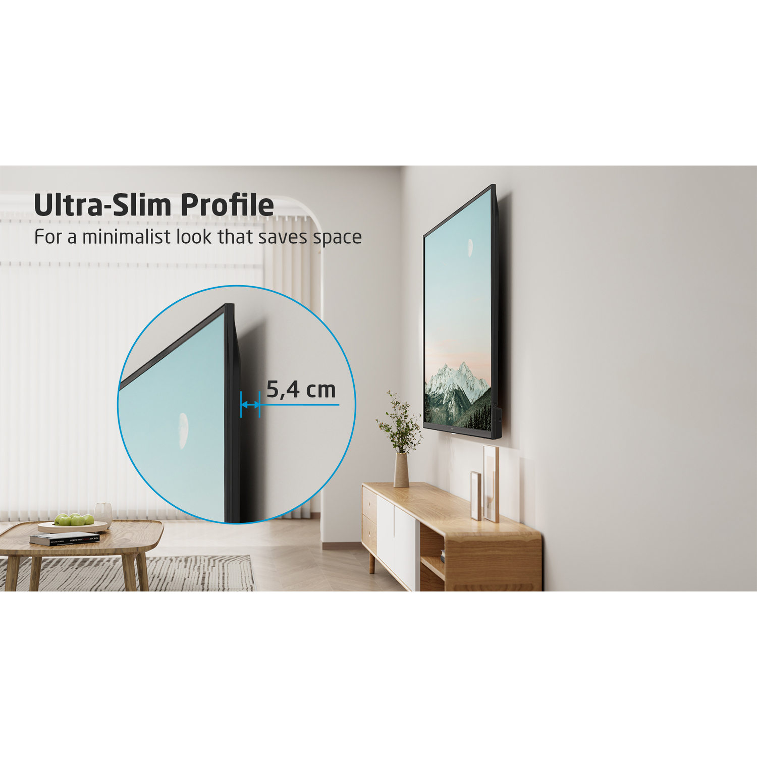 TV monté au mur, avec un look minimaliste. Montre l'épaisseur.
