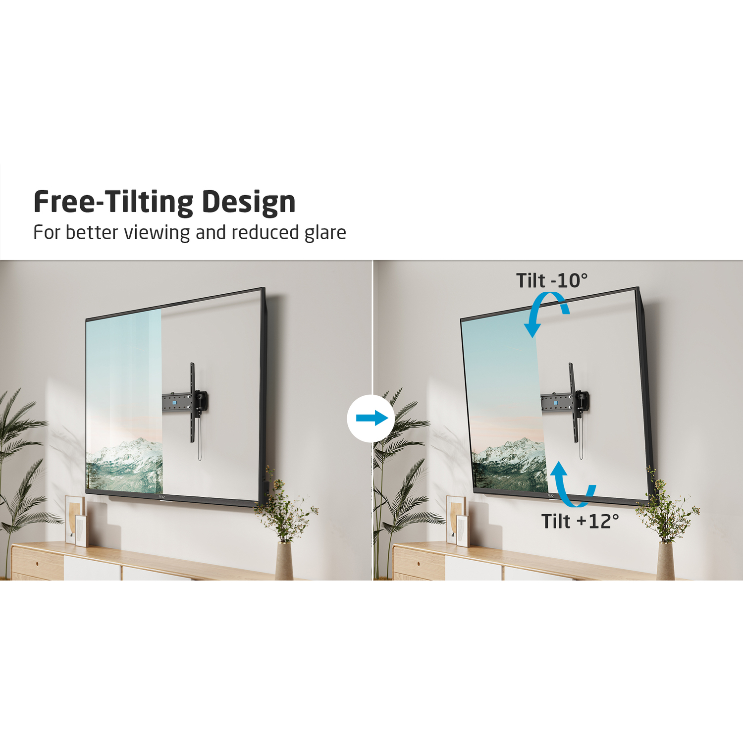 Deux images montrent un support TV. L'image de droite a une TV inclinée. Le texte explique la fonction d'inclinaison.