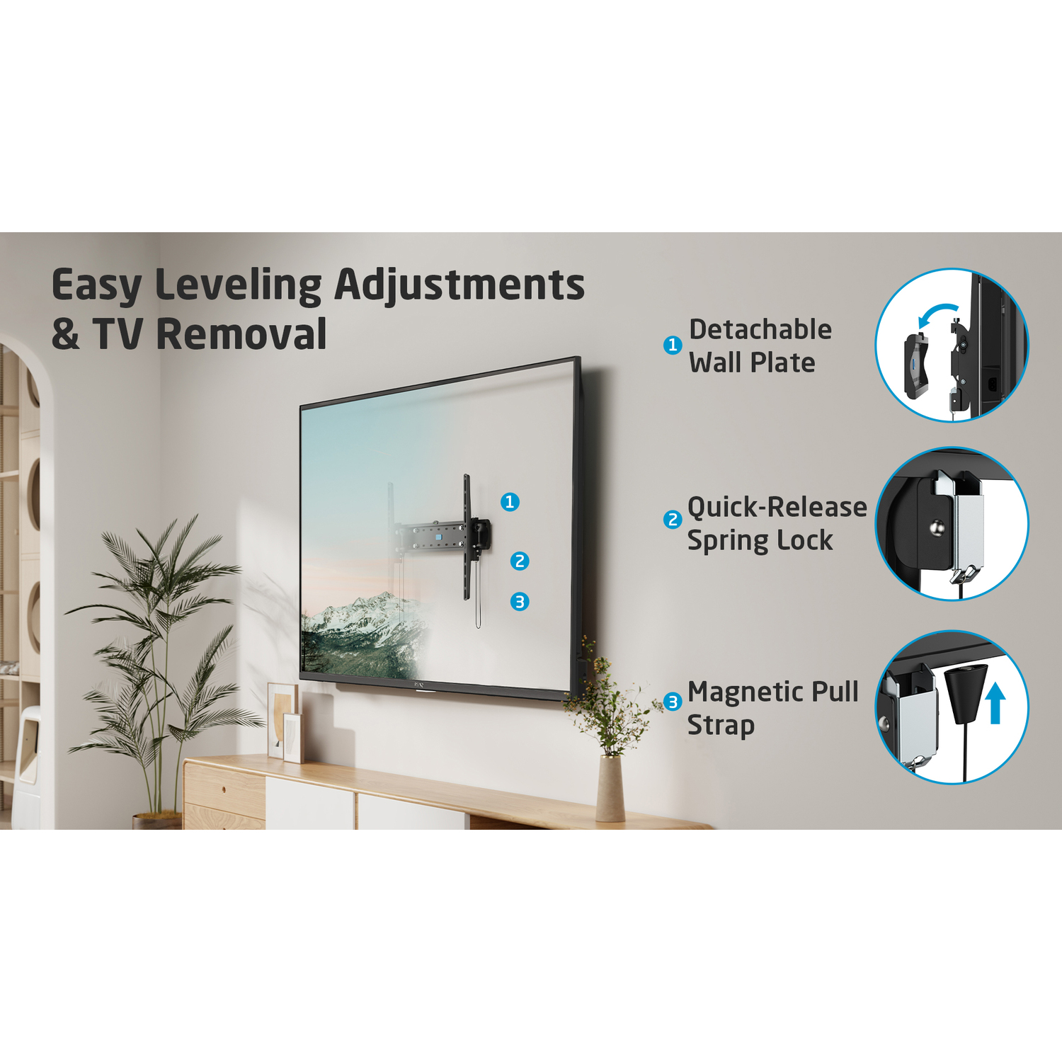 TV monté sur un mur avec ajustements de nivellement faciles. Le TV est sur un meuble blanc.