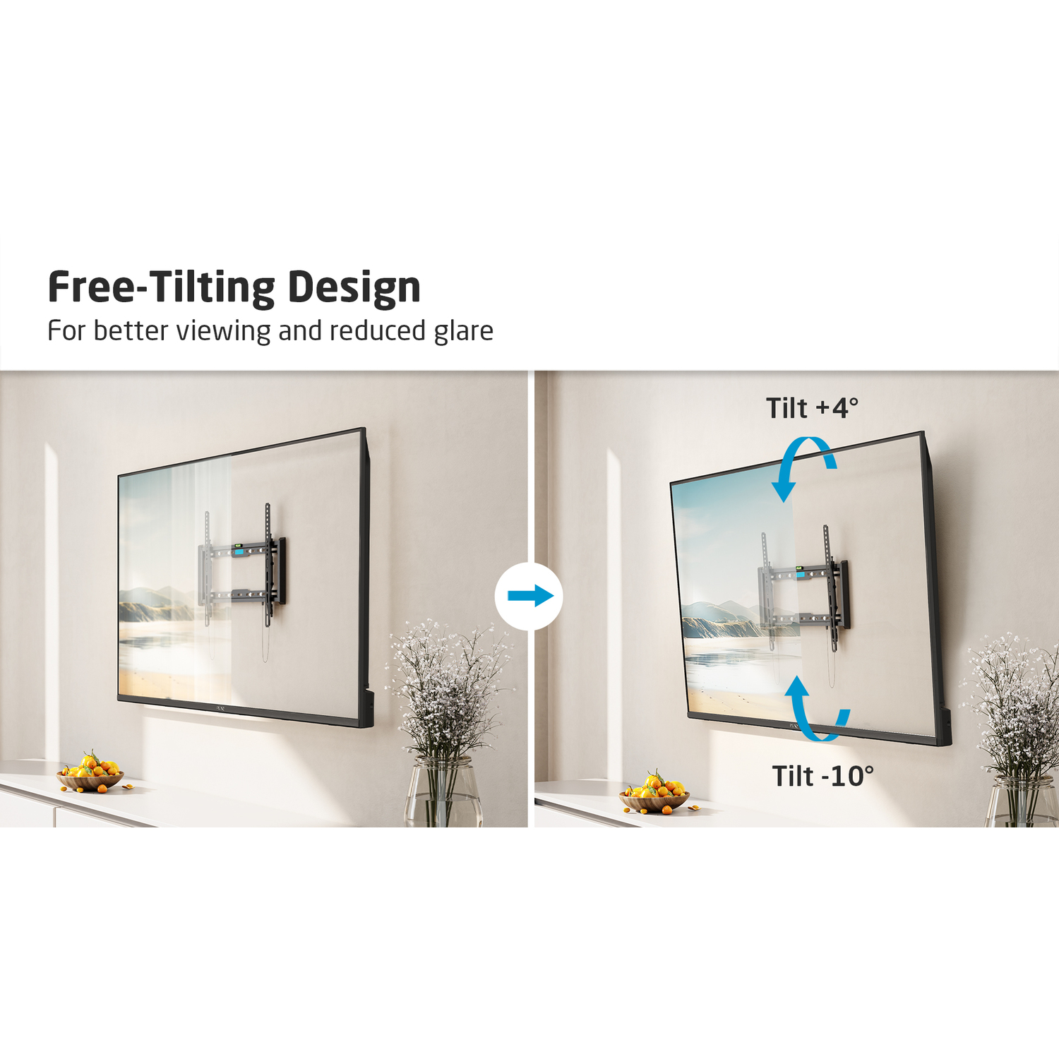 Twee tv's op witte muren gemonteerd. Eén plat, één gekanteld met pijlen. Tekst: Free-Tilting Design.