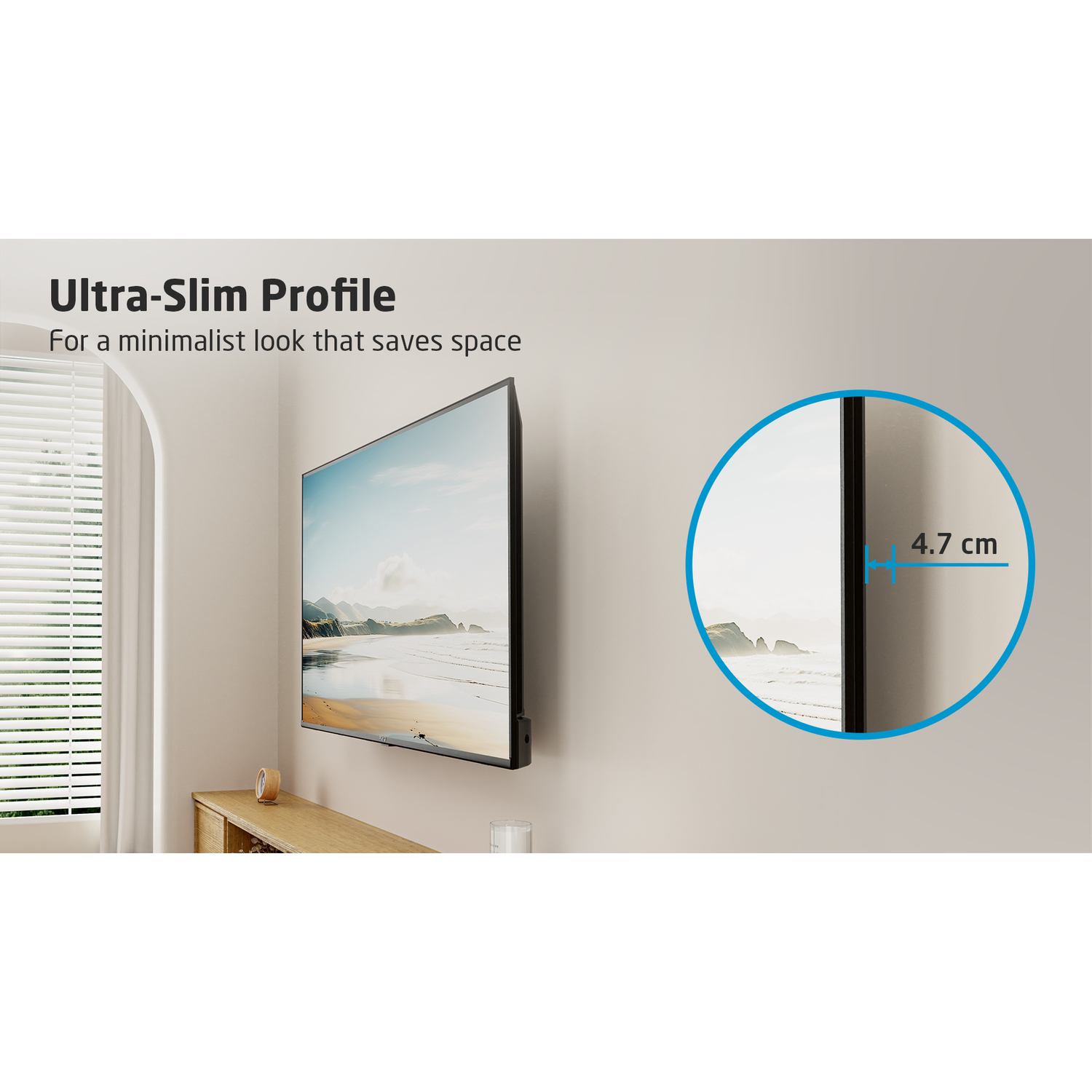Een tv aan de muur gemonteerd, en een cirkelvormig beeld van het slanke profiel.